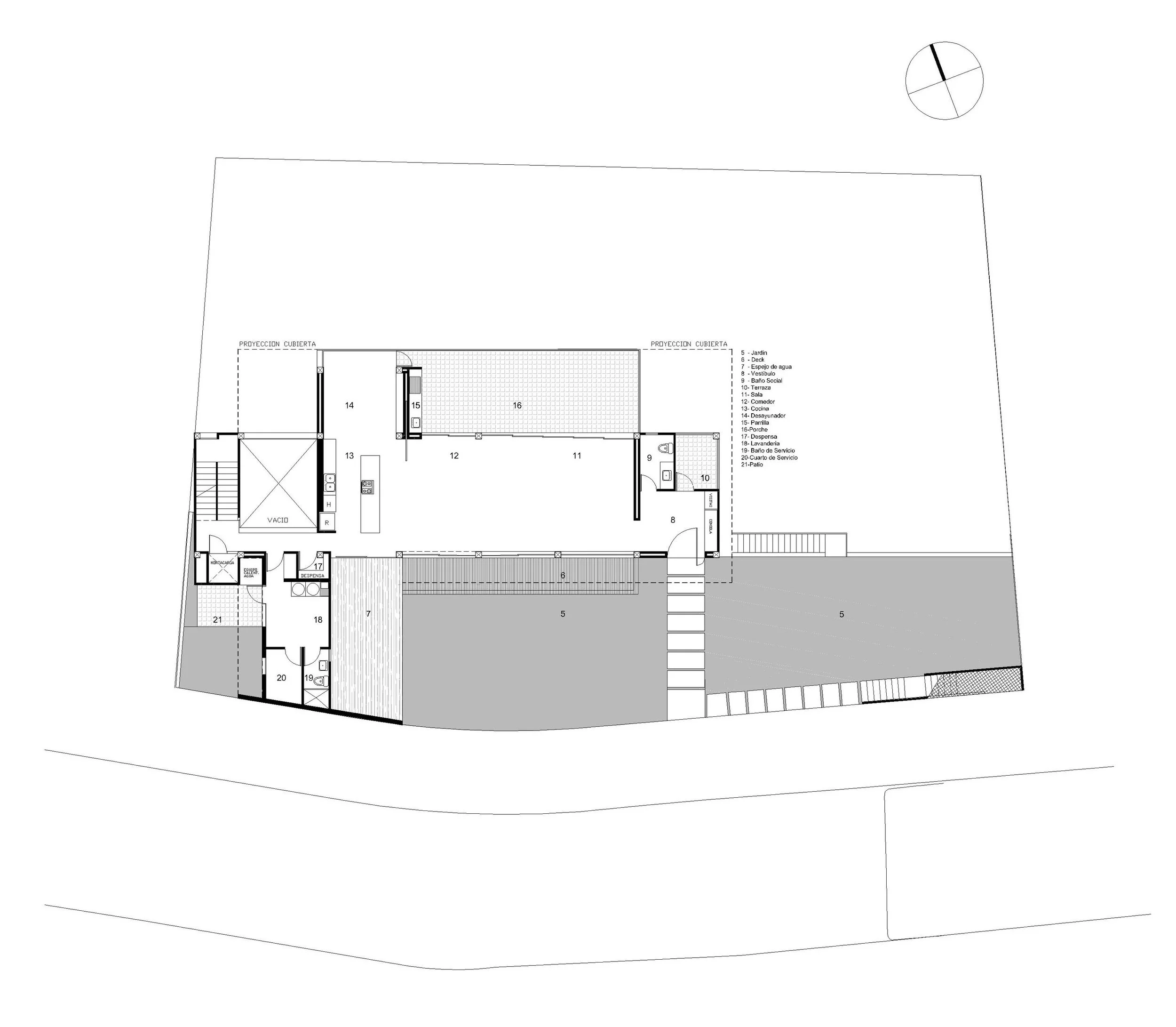 Planta de acceso y de la zona social del proyecto residencia "Pillagua Baranco" de tres casas independientes de lujo en Cumbaya; diseñadas por Endara Arquitectos