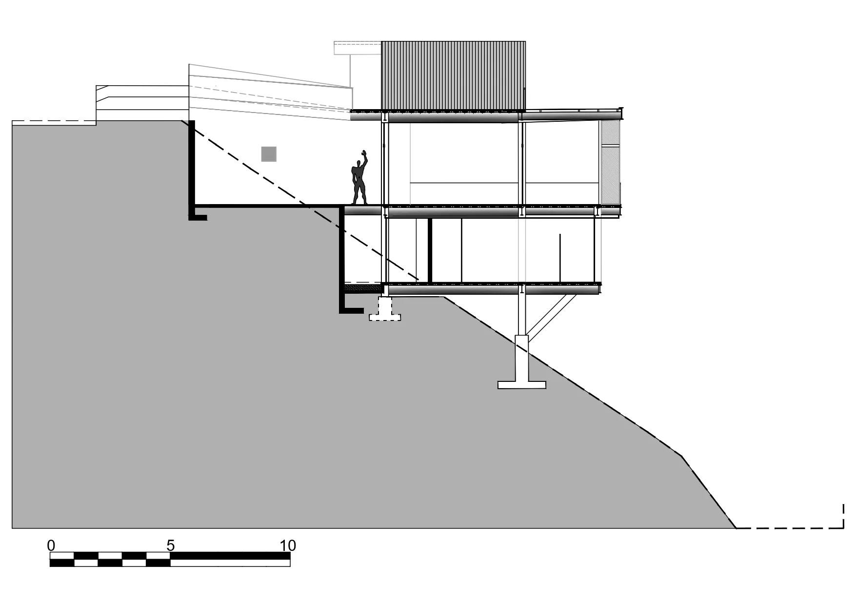 Sección Transversal por la zona social y los dormitorios, del proyecto residencial de 3 casas independientes "Pillagua Barranco", diseñado por Endara Arquitectos