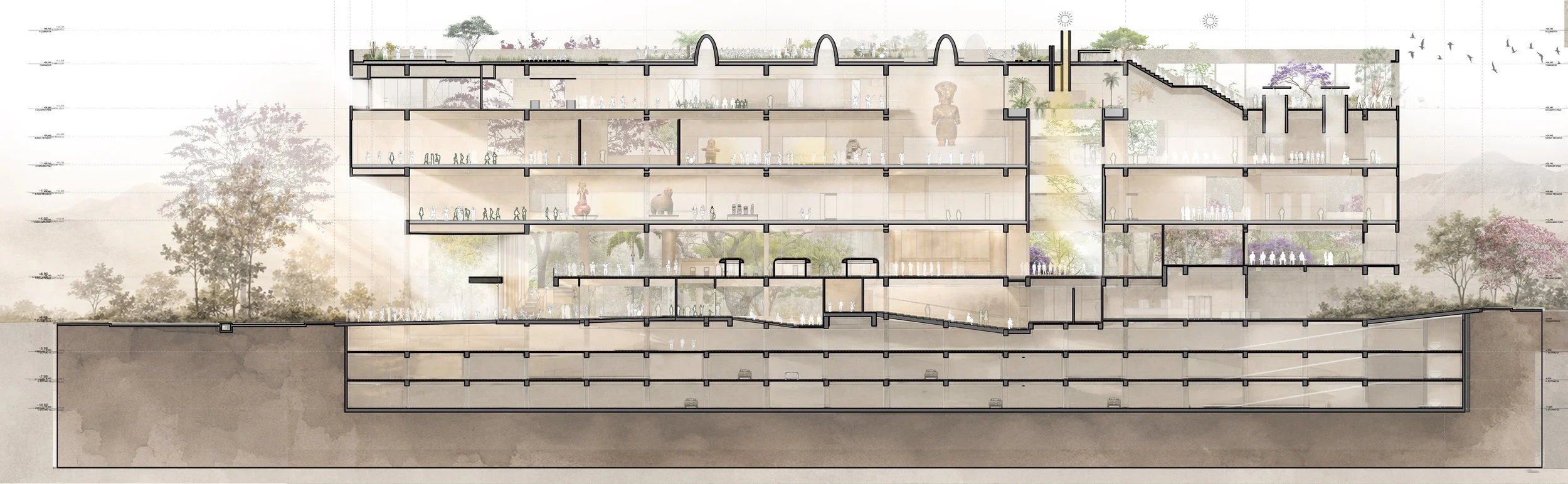Corte Longitudinal  de la propuesta de Endara Arquitectos para el Concurso Internacional de Anteproyectos del Museo Nacional del Ecuador, proyecto finalista entre los 17 equipos seleccionados.