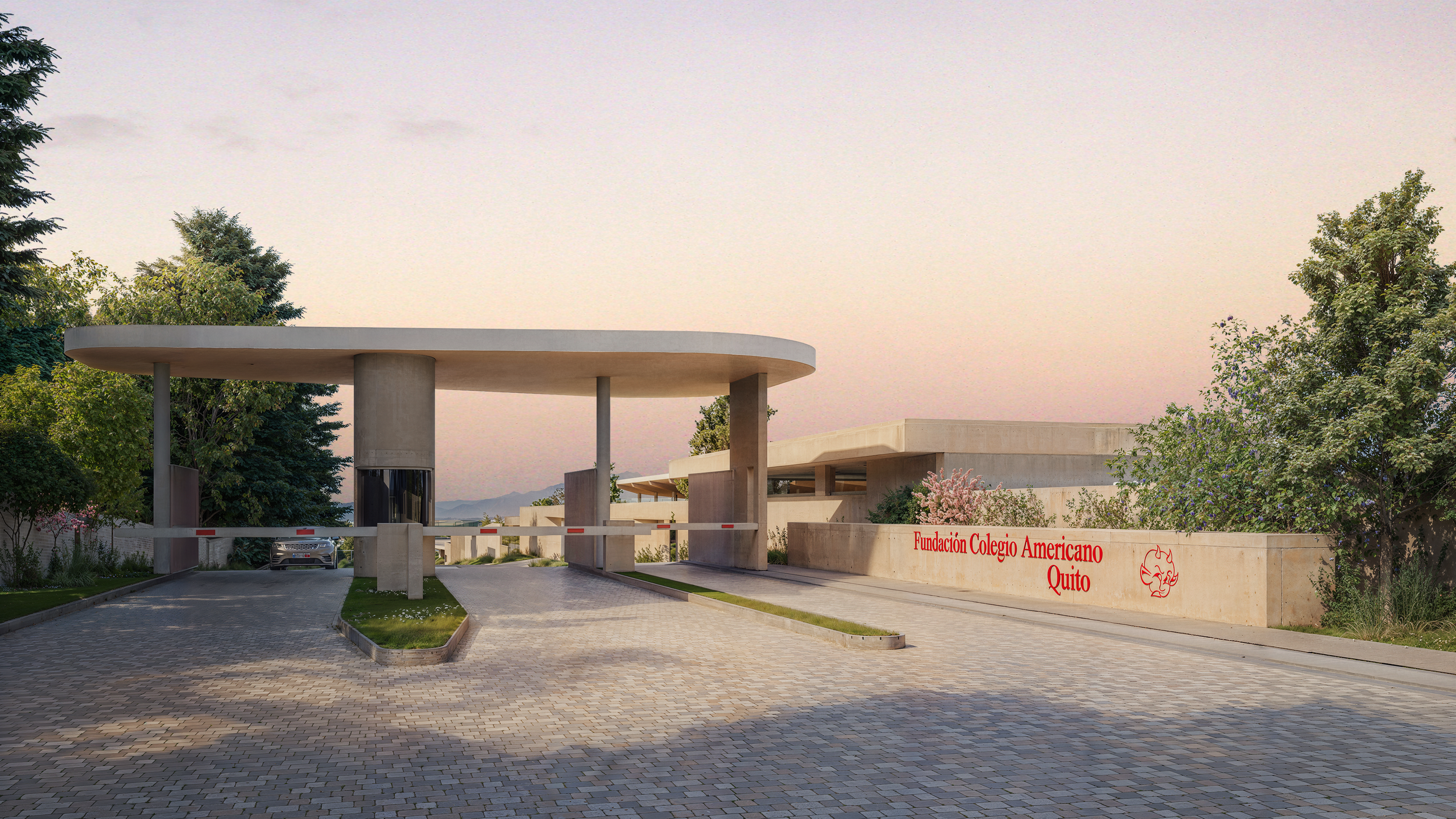 Acceso Principal del Nuevo Colegio Americano de Quito - Campus Puembo. Endara Arquitectos