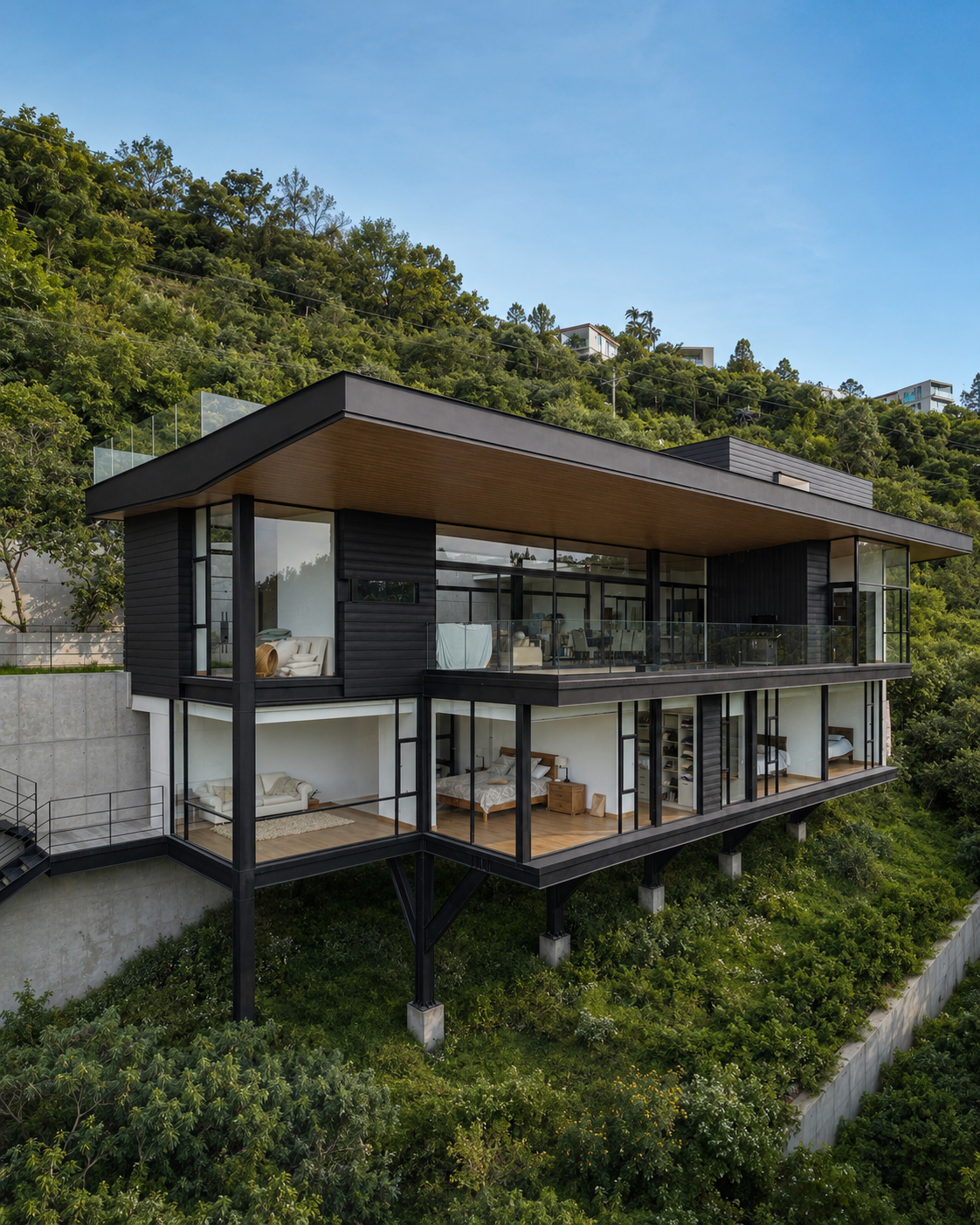 Vista exterior de una de las viviendas independientes de Pillagua Barranco, integrada en la vegetación de la ladera ,  mediante volúmenes horizontales, grandes superficies acristaladas y cubiertas en voladizo. Proyecto diseñado por Endara Arquitectos