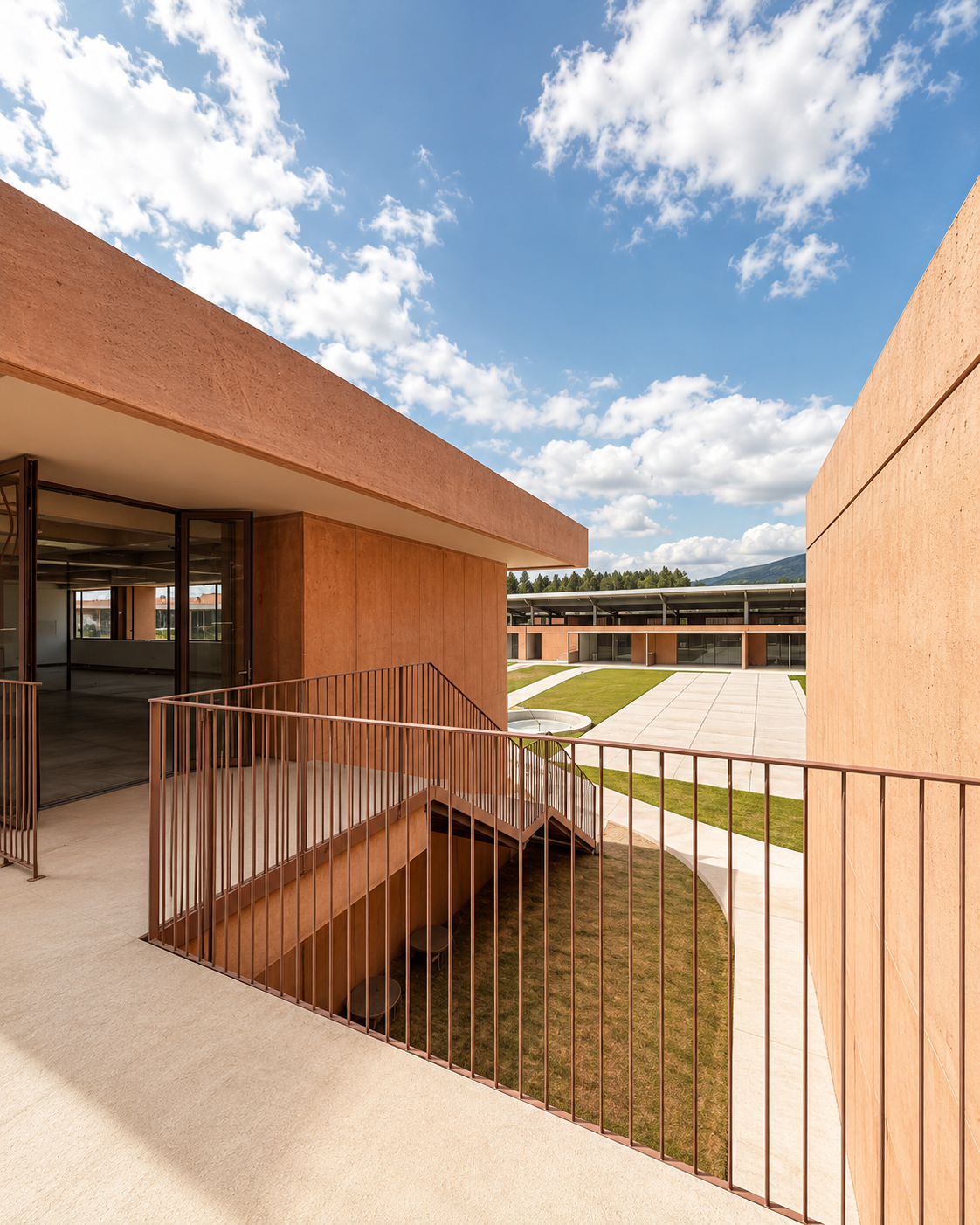Vista desde Administración hacia las canchas de primaria del Nuevo Colegio Americano de Quito – Campus Puembo. Endara Arquitectos.