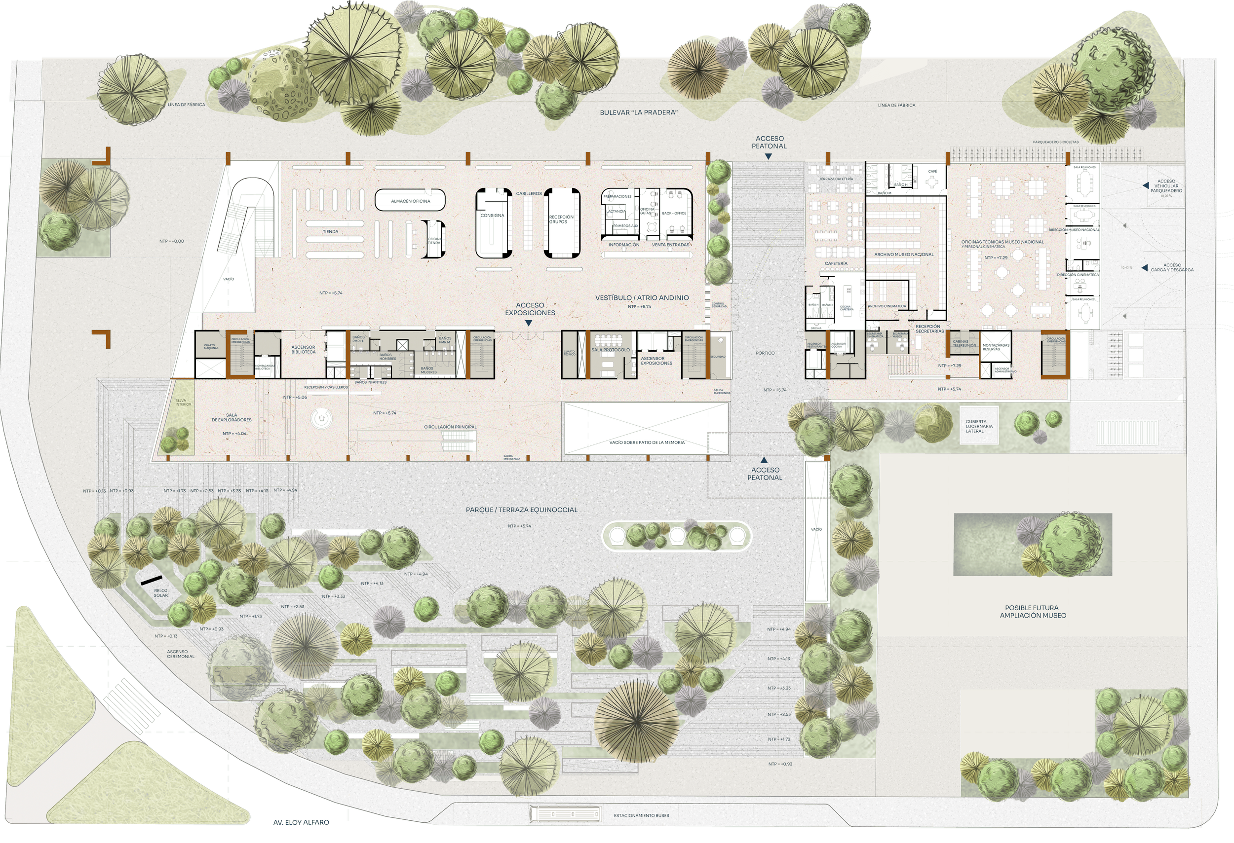 Planta del Piano Nobile,  de la propuesta de Endara Arquitectos para el Concurso Internacional de Anteproyectos del Museo Nacional del Ecuador, proyecto finalista entre los 17 equipos seleccionados.