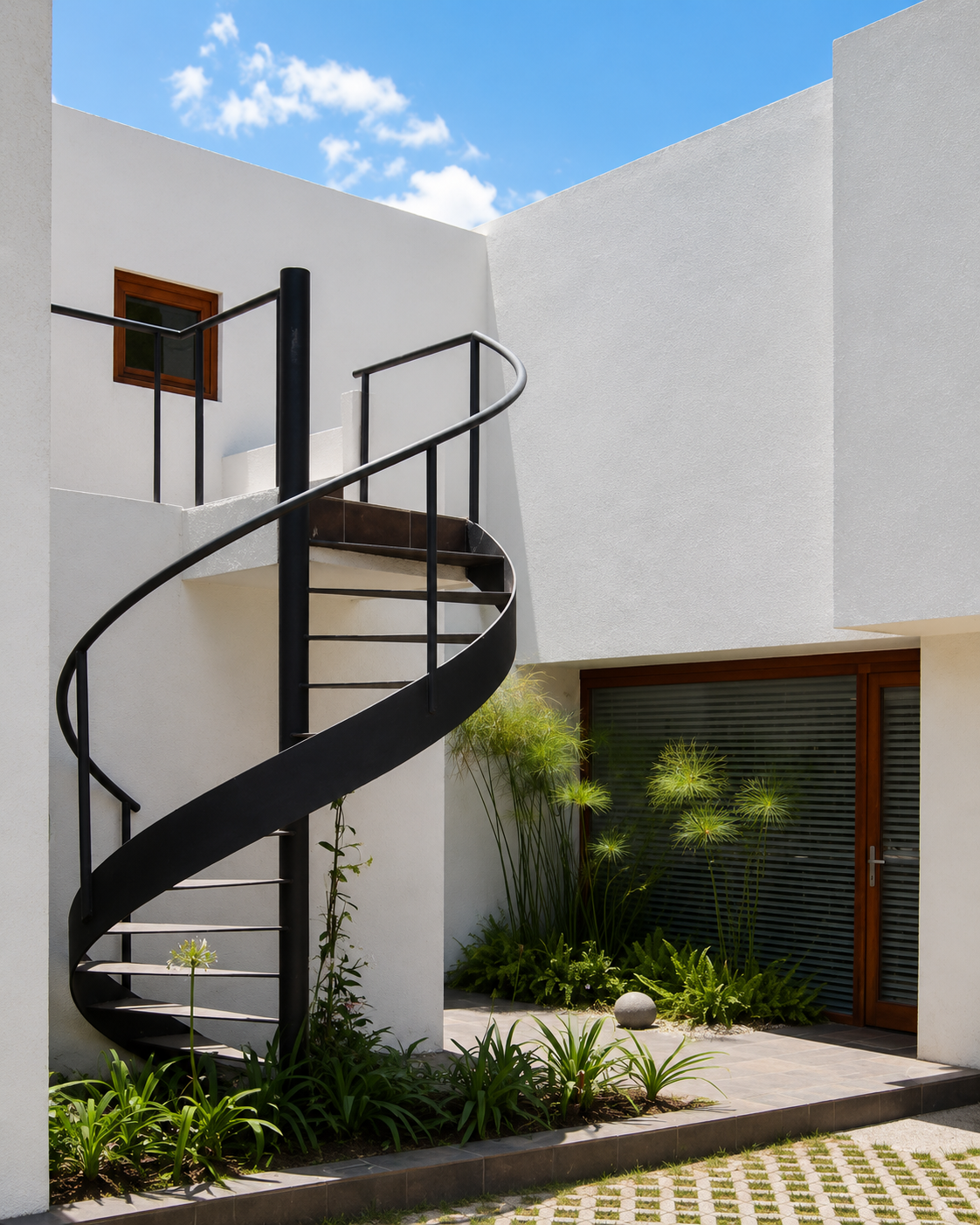 Residencias Nayón, gradas metálicas en espiral. Diseñados por Endara Arquitectos.