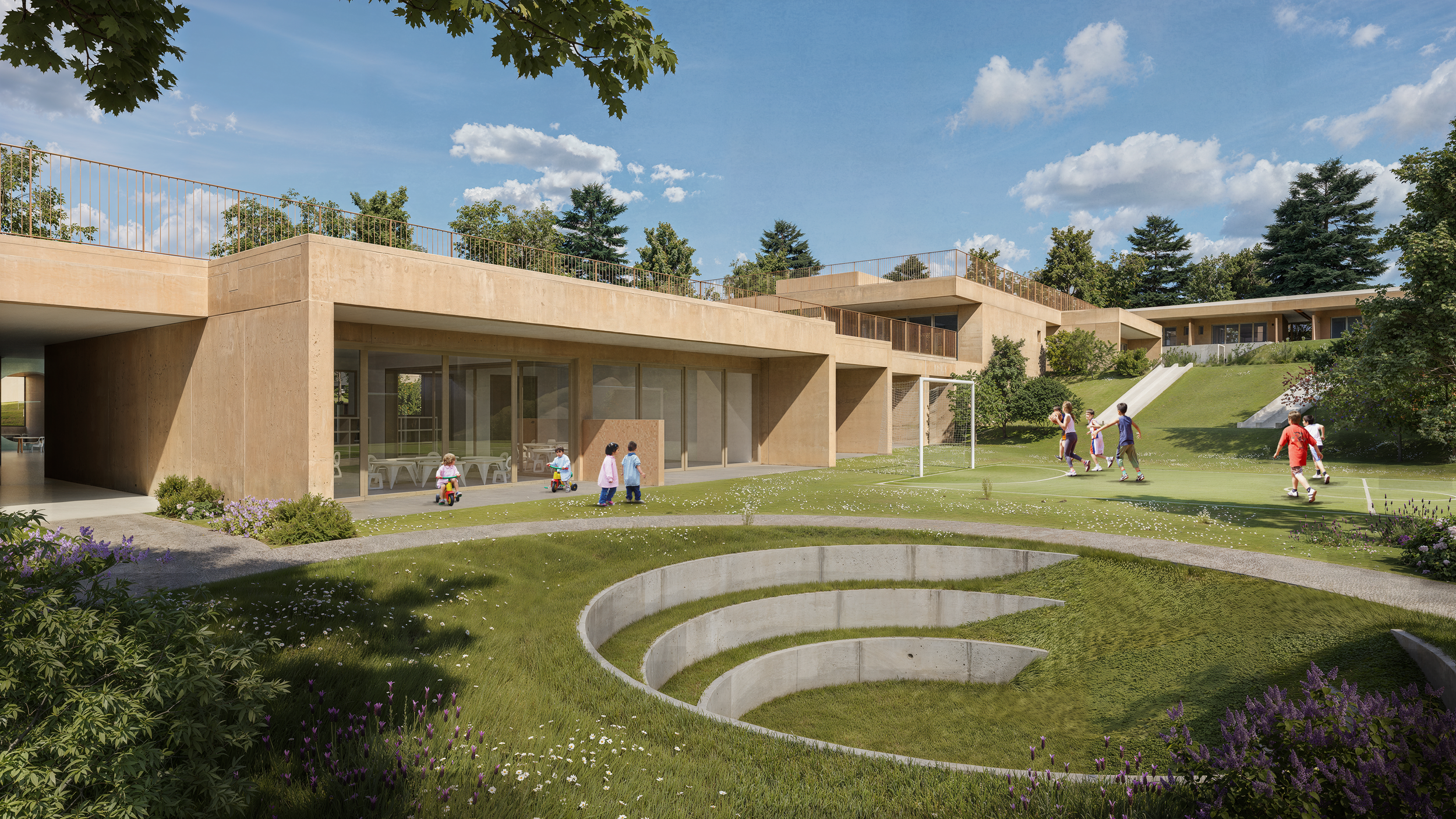Vista exterior de Early Years,  del Nuevo Colegio Americano de Quito – Campus Puembo. Endara Arquitectos.