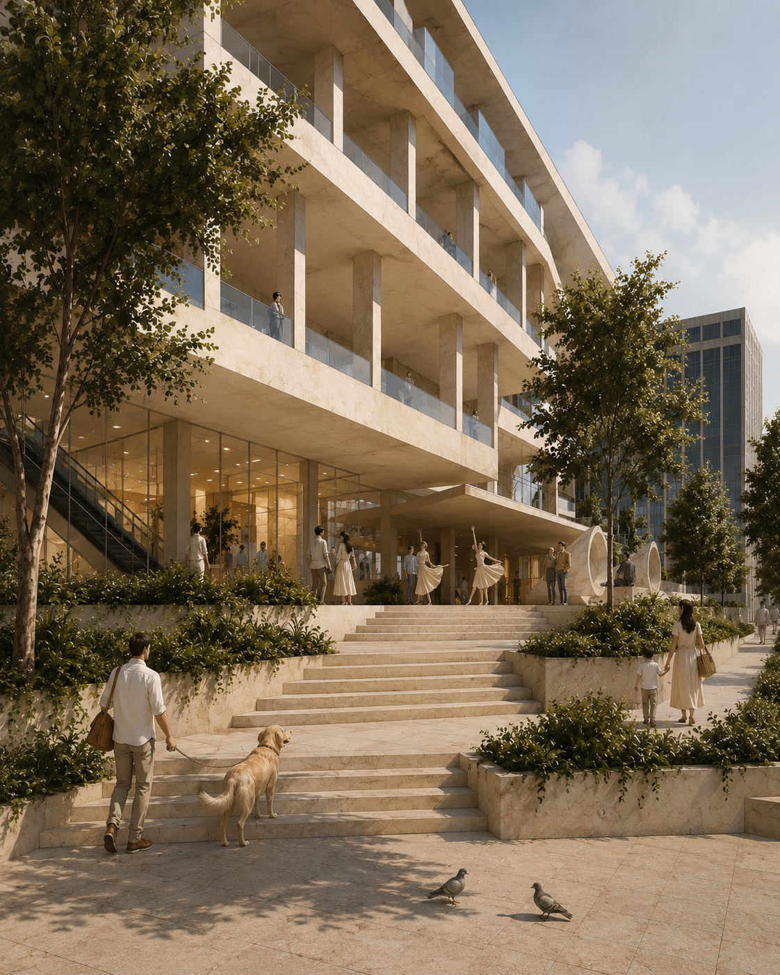 Vista del Acceso de la plaza elevada  de la propuesta de Endara Arquitectos para el Concurso Internacional de Anteproyectos del Museo Nacional del Ecuador, proyecto finalista entre los 17 equipos seleccionados.