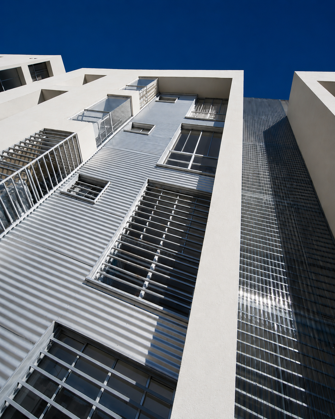 Cumbres de Quitumbe, fachada vista desde interior, detalles en metal en paredes y ventanas. Diseñado por Endara Arquitecto.