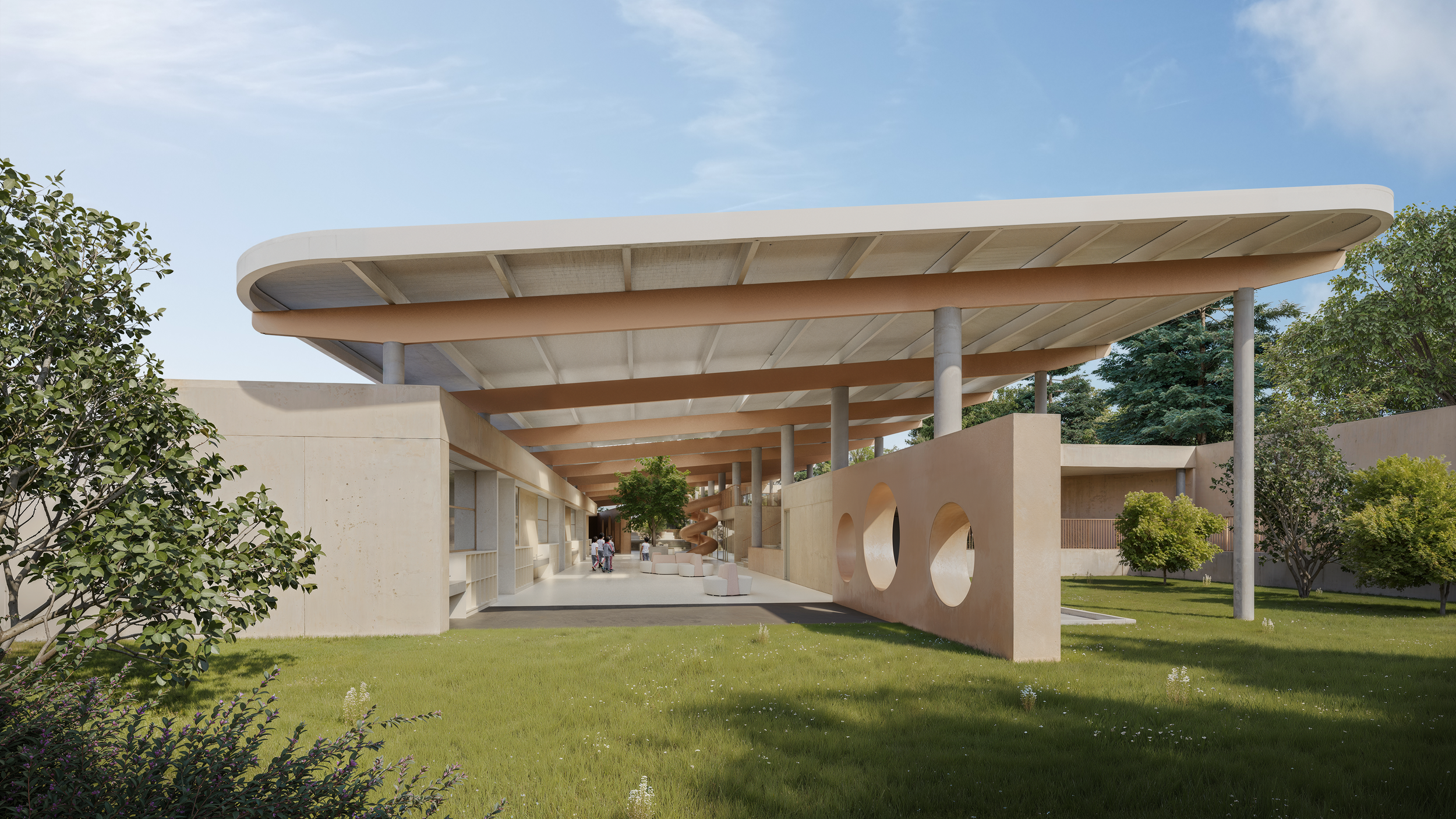 Vista exterior del Nursery,  del Nuevo Colegio Americano de Quito – Campus Puembo. Endara Arquitectos.