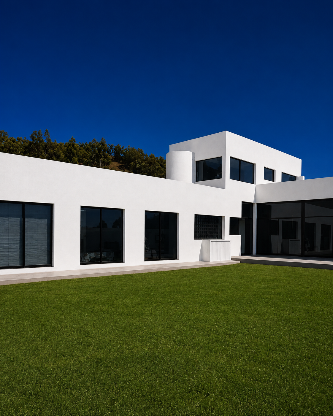 Casa 947, fachada posterior hacia el jardín. ventanas con marcos de aluminio negro. Diseñado por Endara Arquitectos.