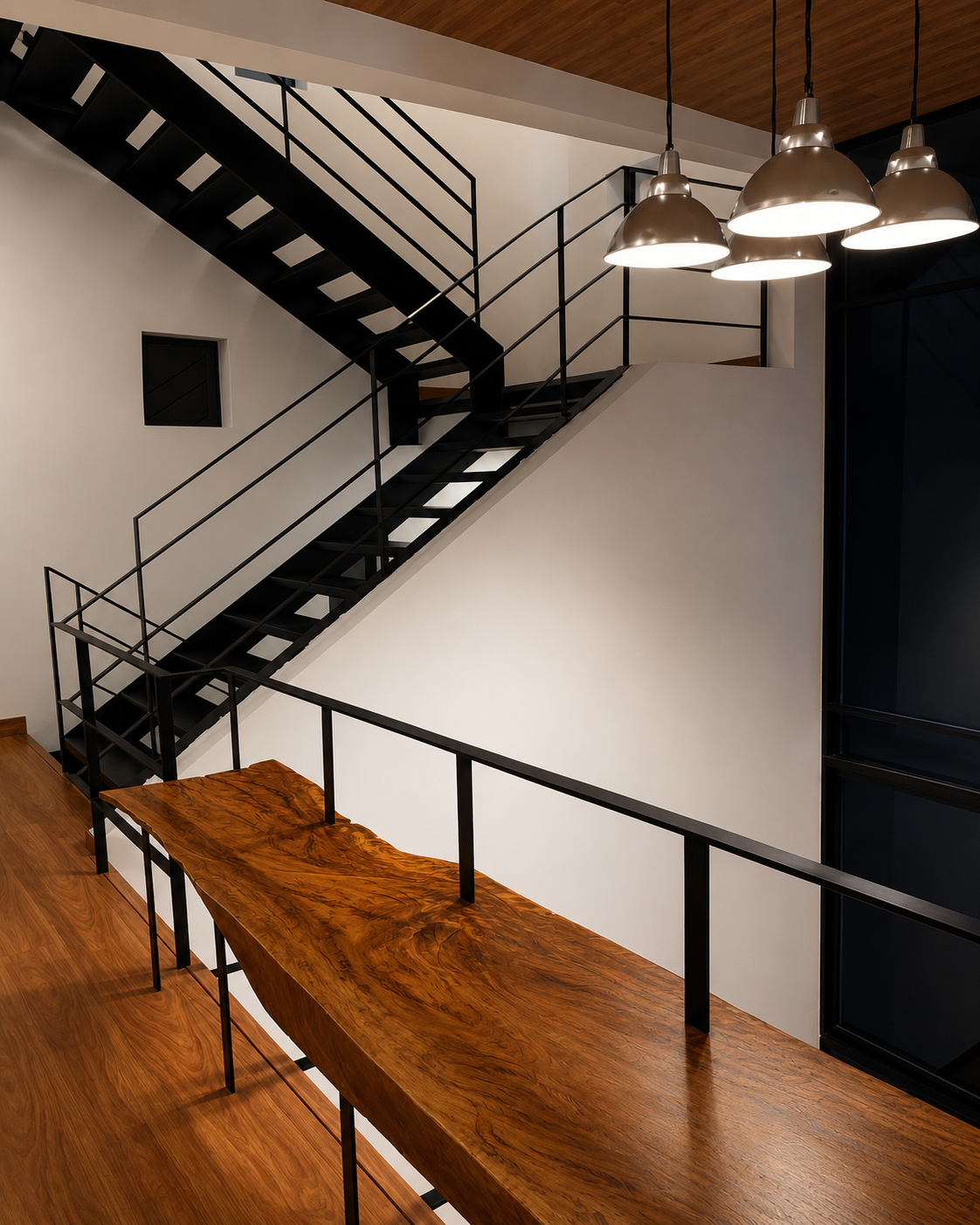 Pillagua Barranco, vista interior de la circulación y escalera metálica sobre la doble altura de la sala de estar. Proyecto en Cumbaya diseñado por ENDARA ARQUITECTOS.
