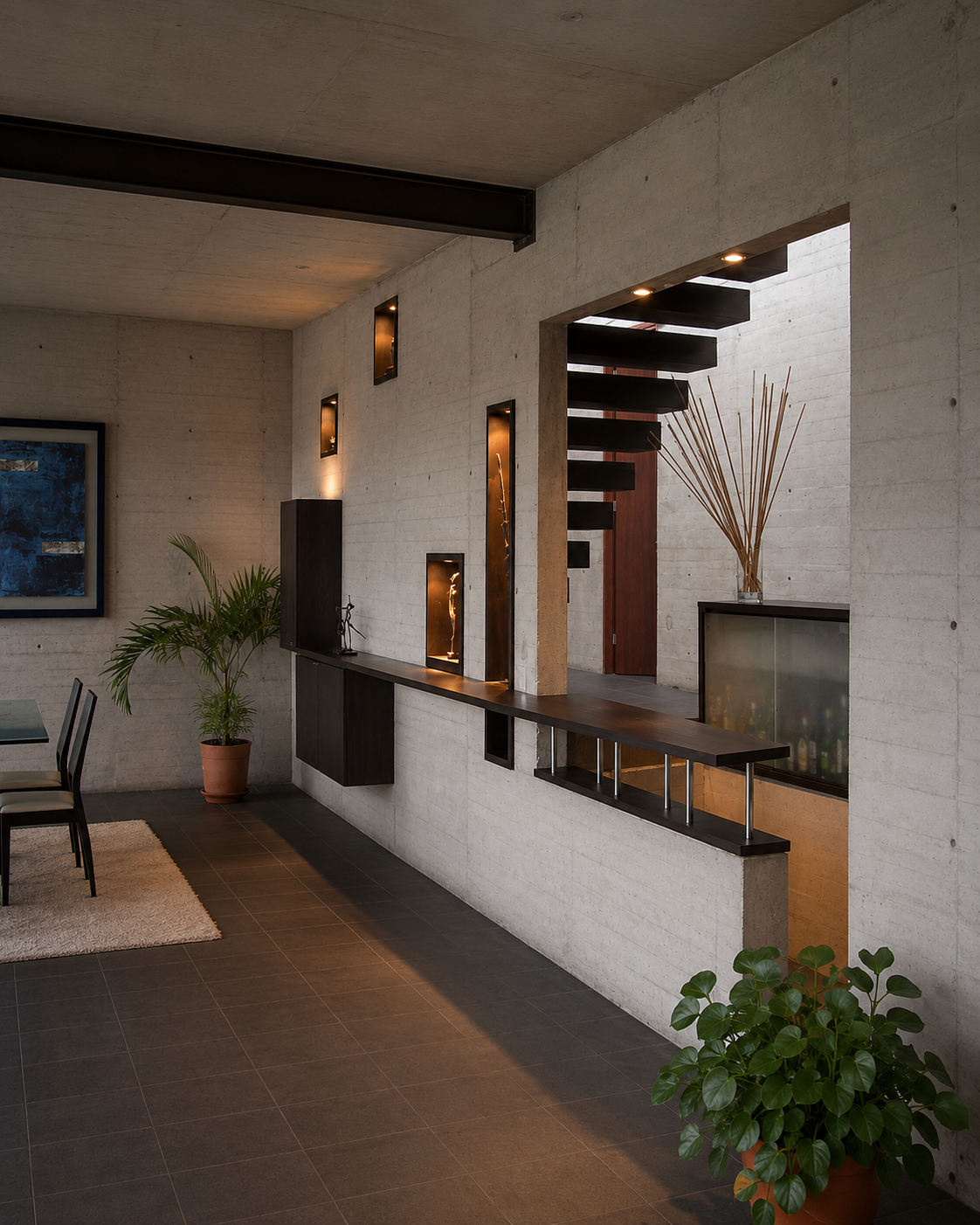 Casa Pillagua, pared de hormigón visto con incrustaciones decorativas y bar. Diseñado por Endara Arquitectos.