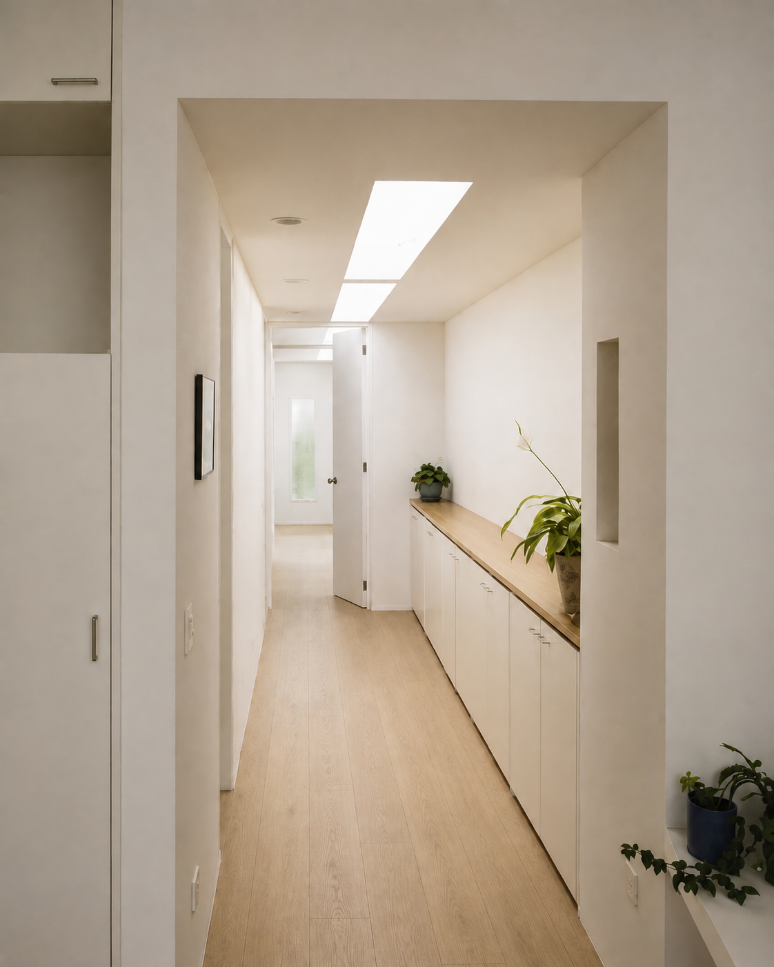 Casa 947, corredor a los dormitorios con una claraboya para darle luz natural. Diseñado por Endara Arquitectos.