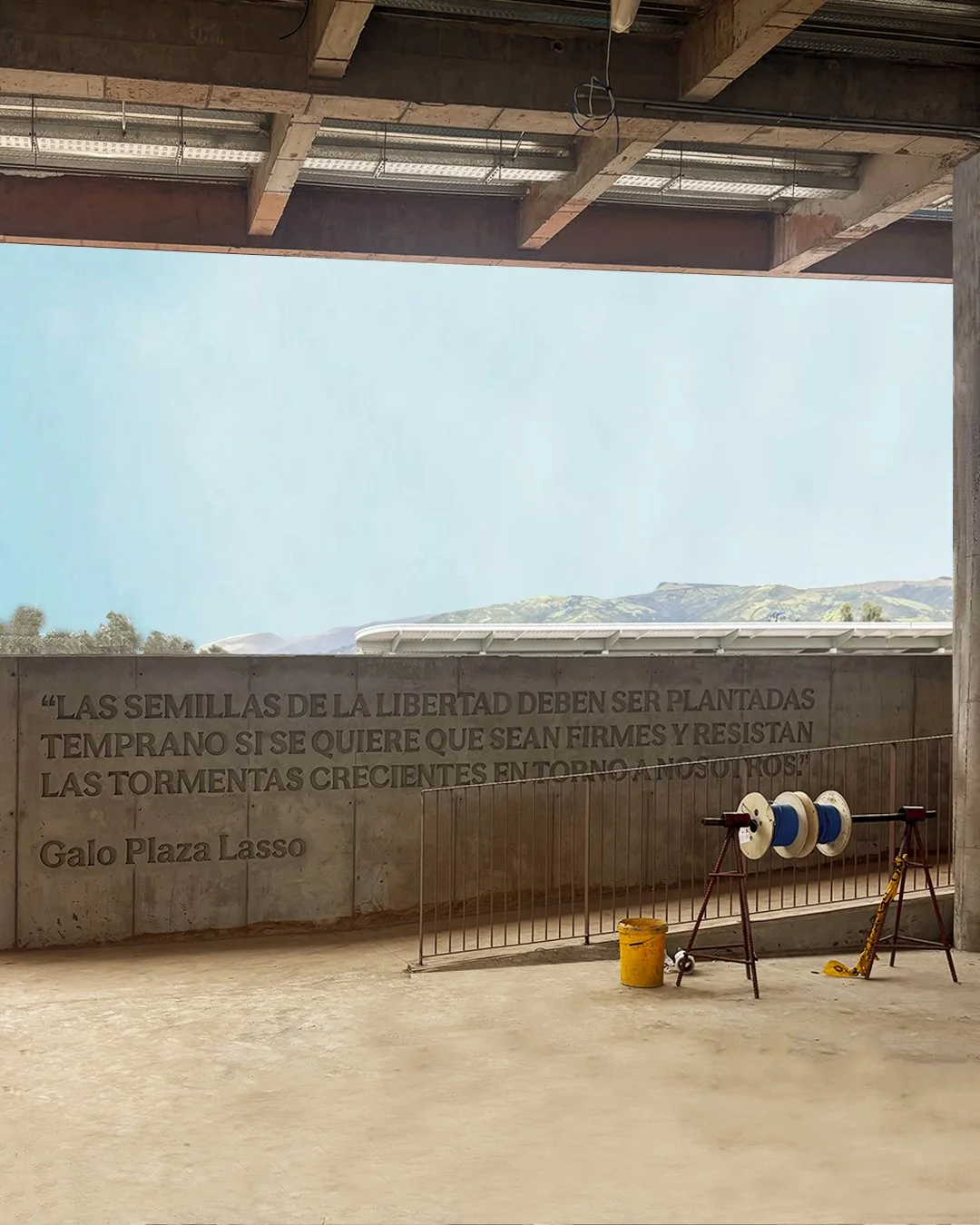 Vista del Welcome Center del Nuevo Colegio Americano de Quito – Campus Puembo. Endara Arquitectos.