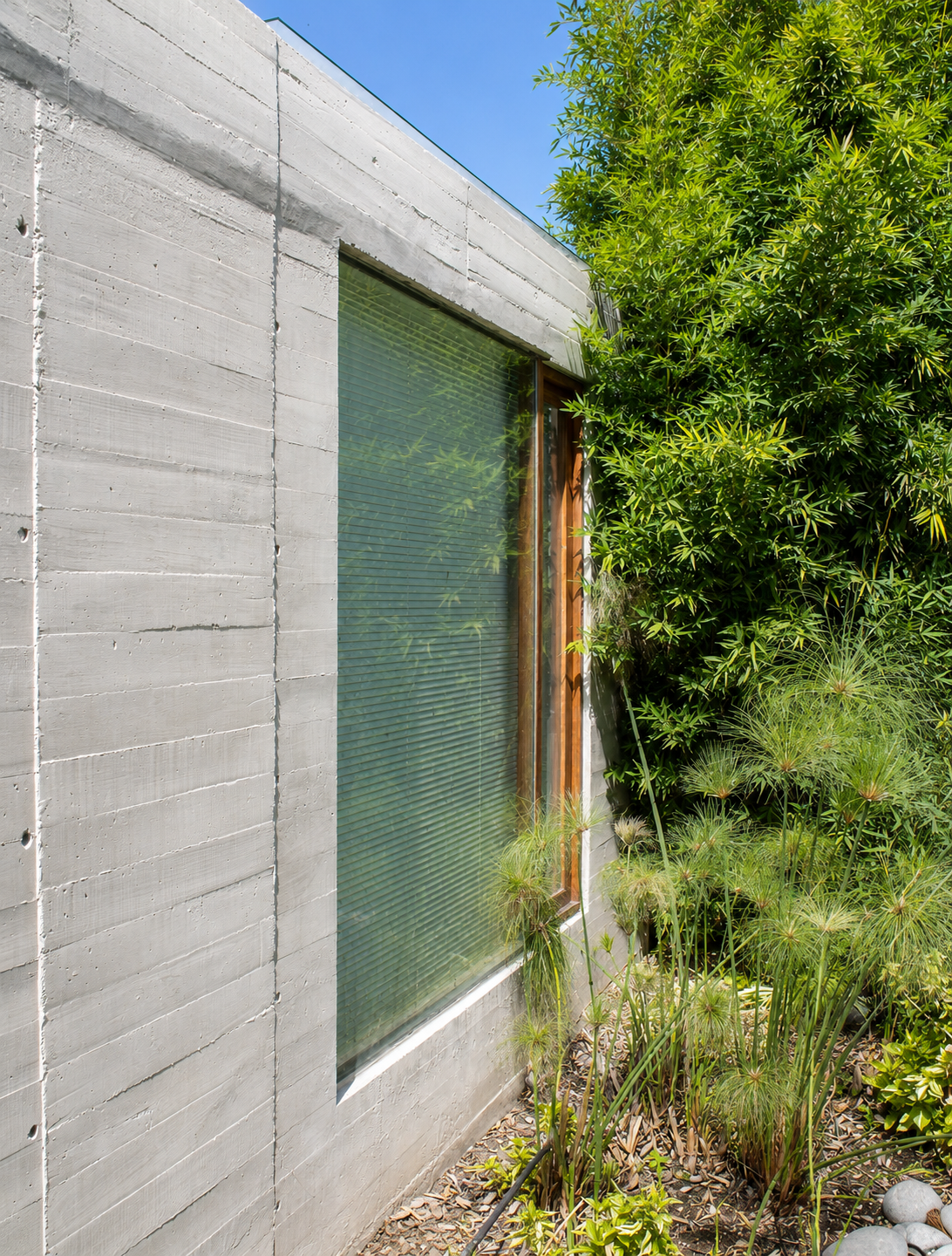 Casa Pillagua, fachada lateral, muro de hormigón visto, ventanas con marco de madera. Diseñado por Endara Arquitectos.