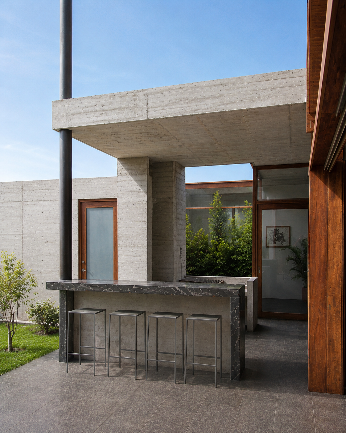 Casa Pillagua, área de BBQ en hormigón visto. Diseñado por Endara Arquitectos.