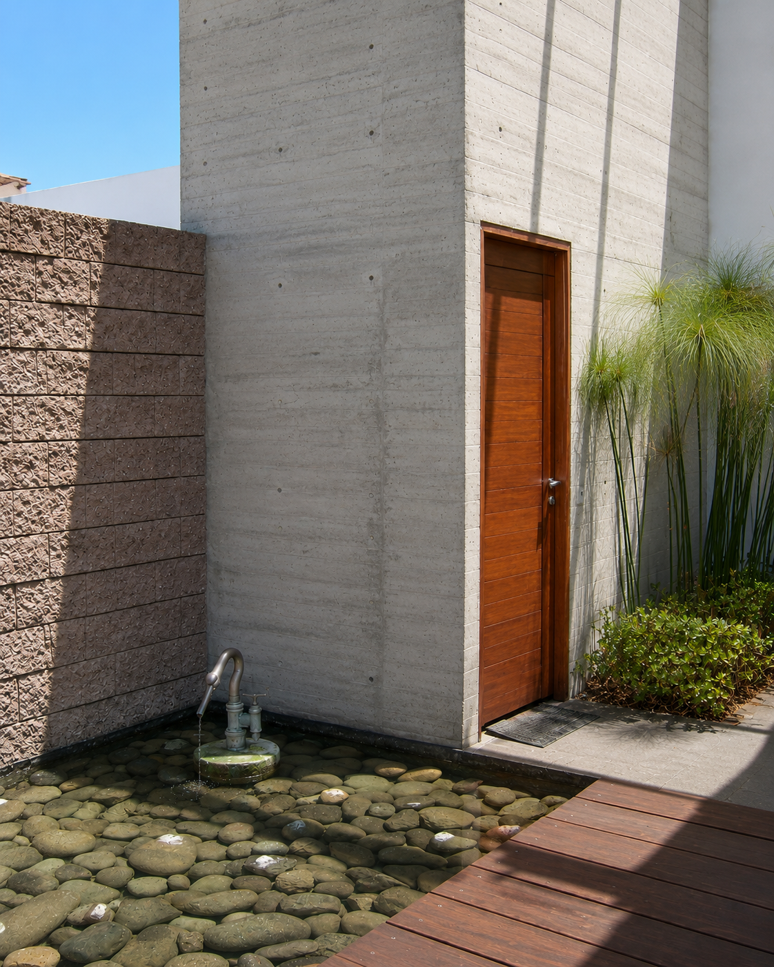 Casa Pillagua, espejo de agua, y paredes de hormigón visto, más acceso lateral a la suite. Diseñado por Endara Arquitectos.