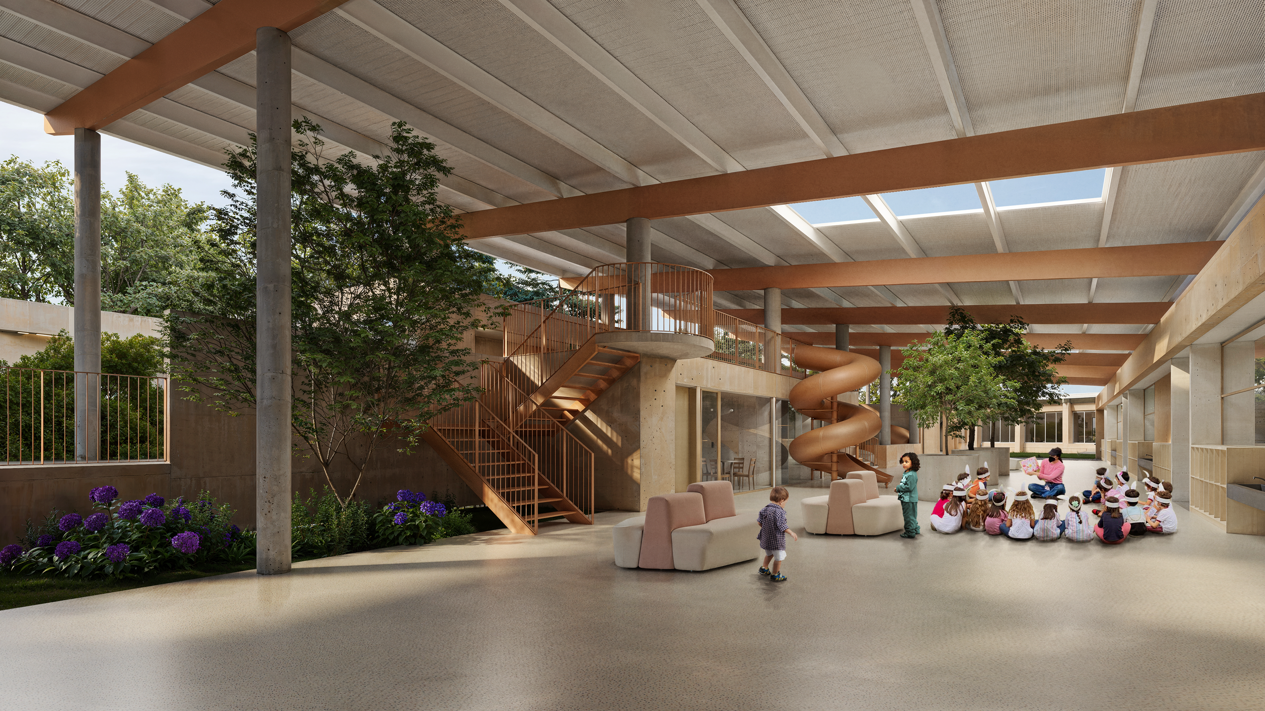 Vista del Learning Commons del Nursery del Nuevo Colegio Americano de Quito – Campus Puembo. Imagen publicada por Endara Arquitectos.