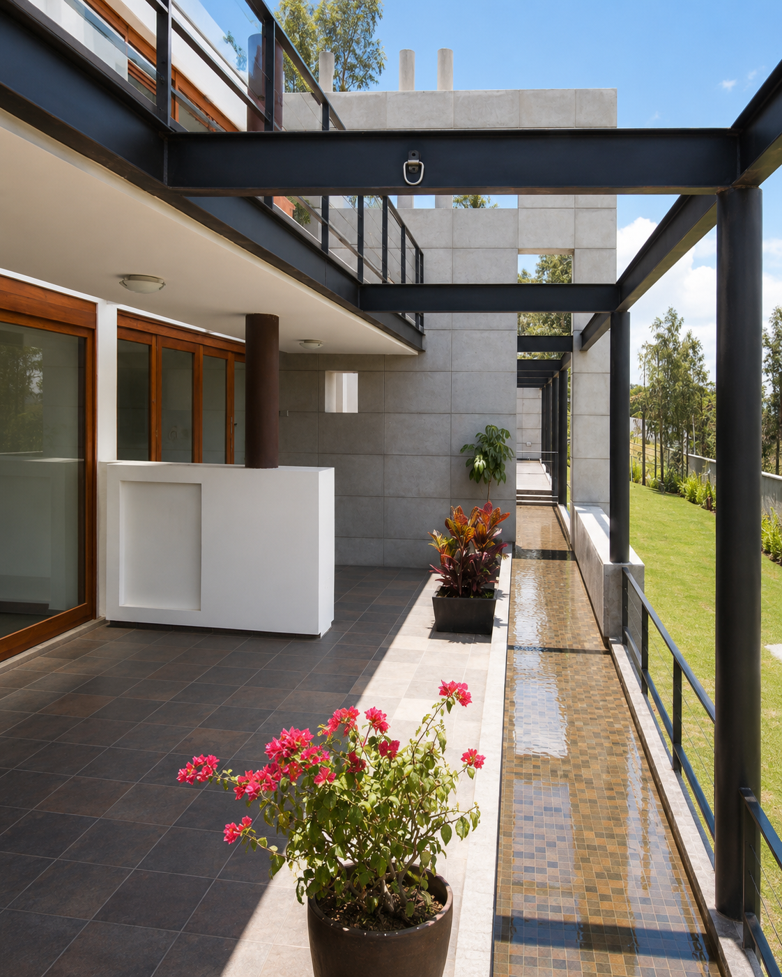 Residencias Nayón, porche exterior, espejo de agua y estructura metálica vista. Diseñado por Endara Arquitectos.