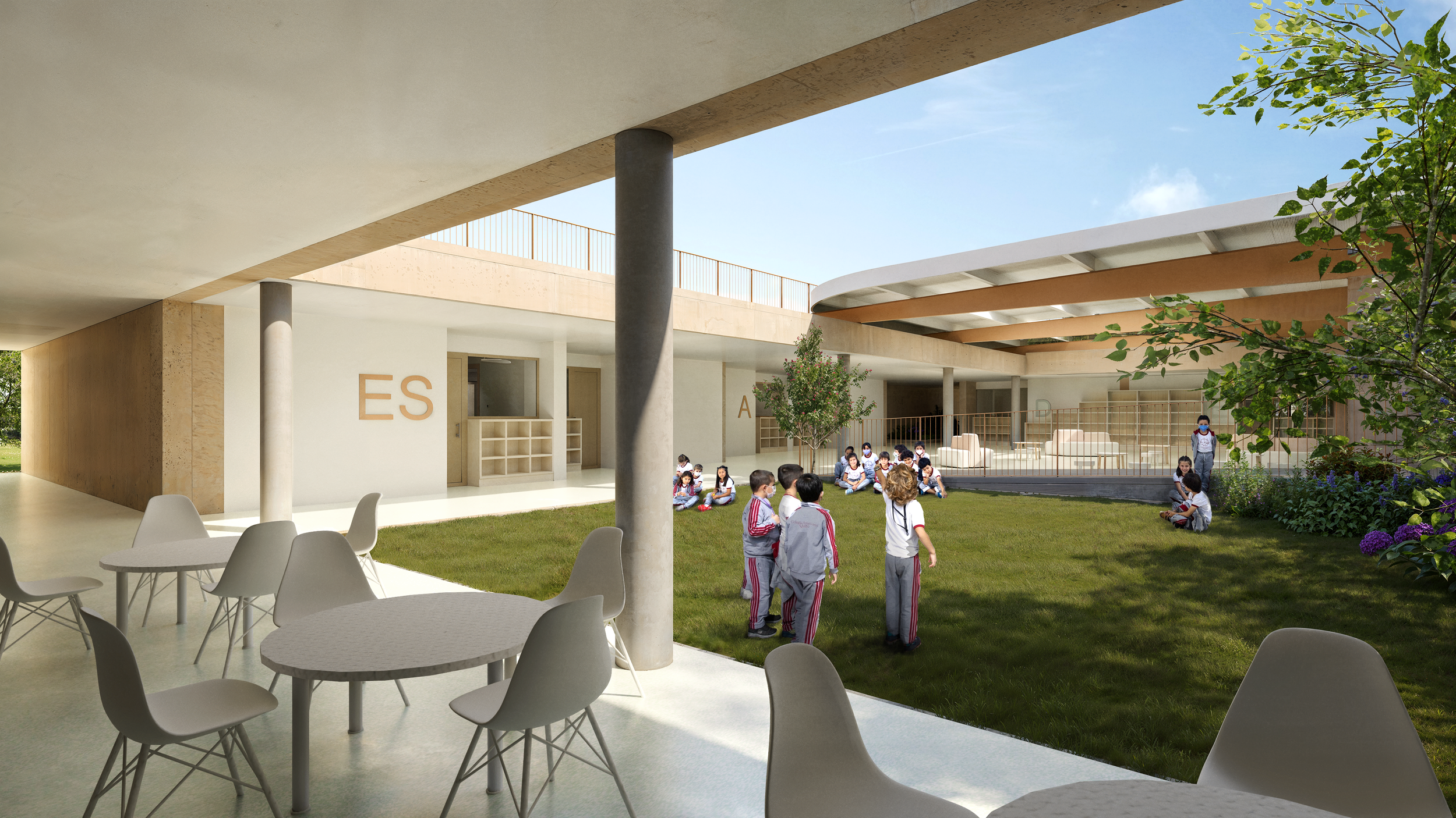 Vista de Kinder , Early Years,   del Nuevo Colegio Americano de Quito – Campus Puembo. Endara Arquitectos.