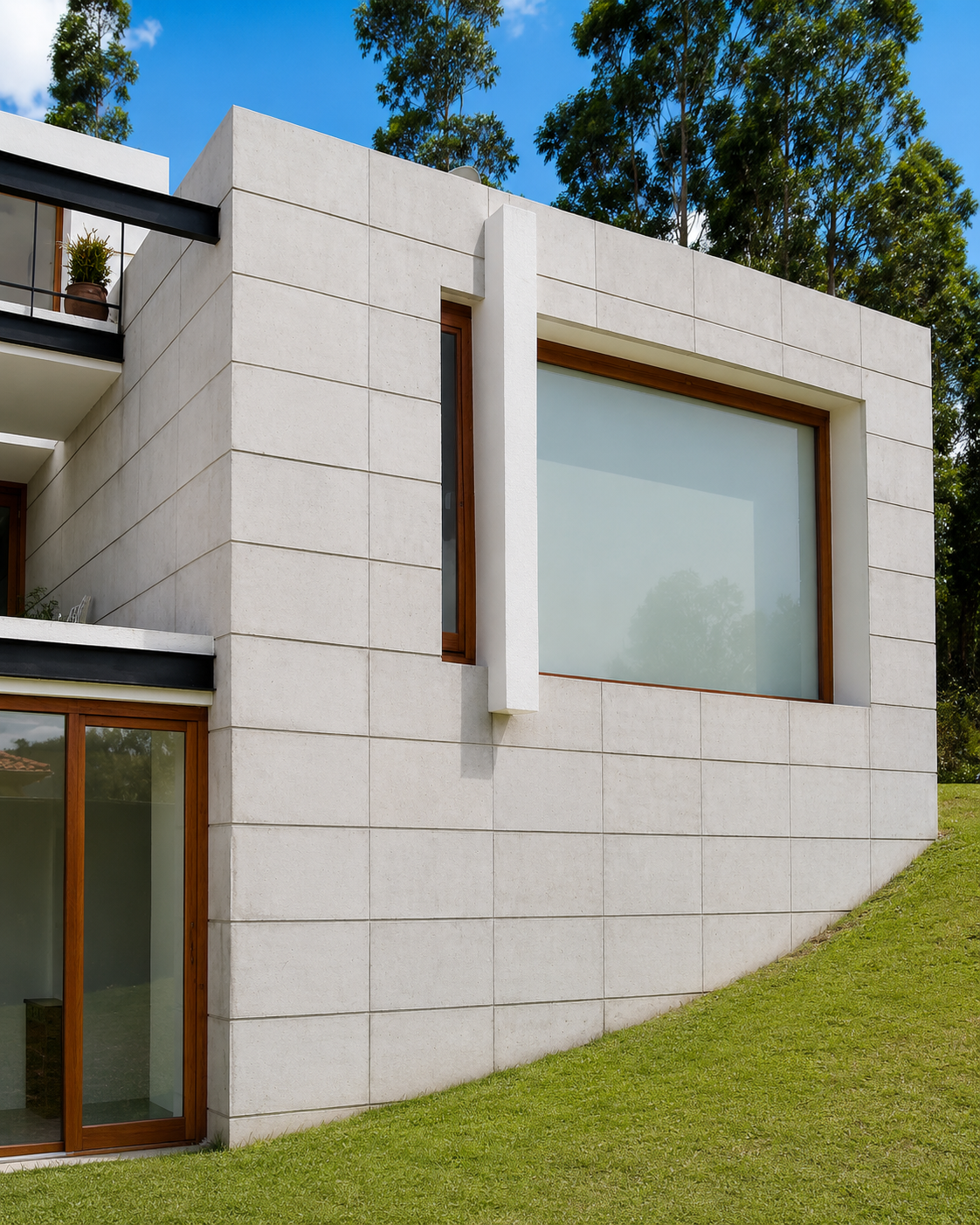 Residencias Nayón, fachada posterior en hormigón visto, dando al jardín. Diseñado por Endara Arquitectos.
