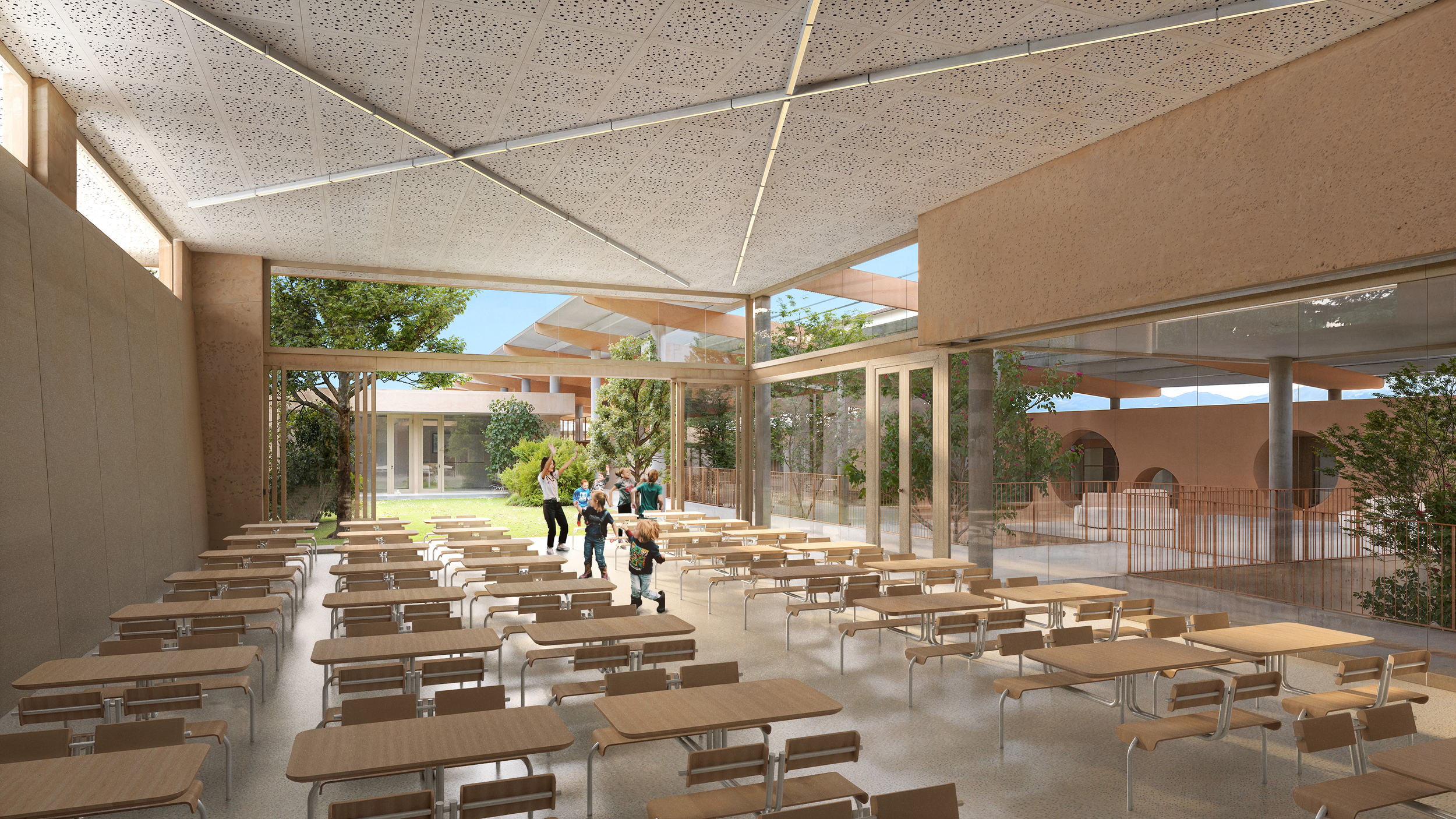 Vista de la cafetería de Early Years del Nuevo Colegio Americano de Quito – Campus Puembo. Endara Arquitectos.