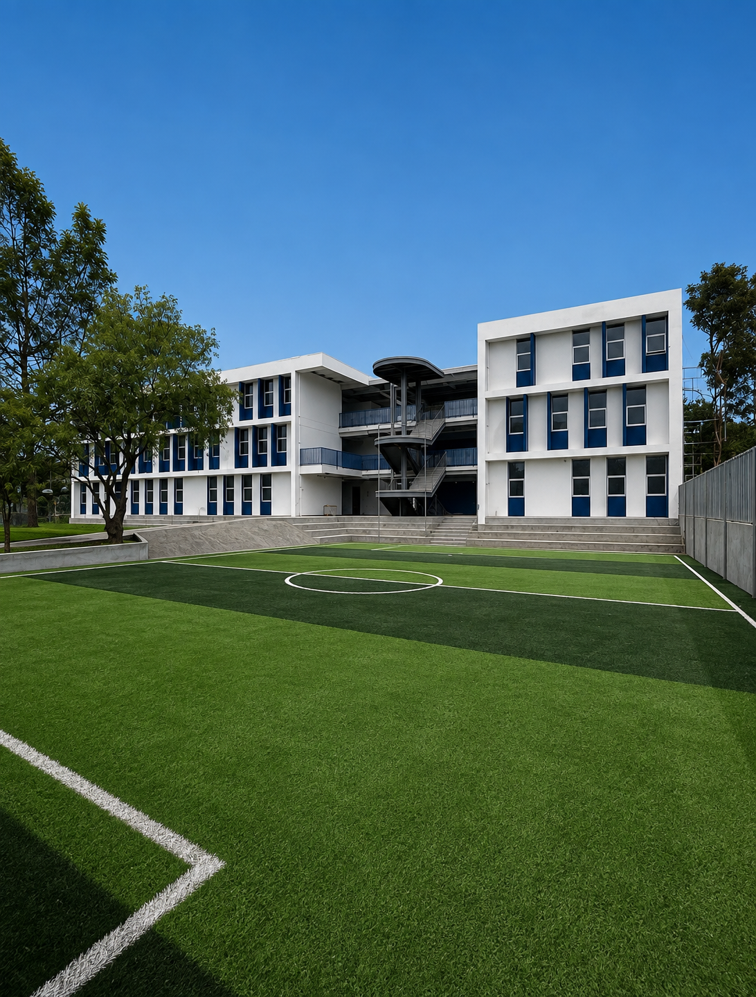 VISTA CANCHA DE FUTBOL Y EDIFCIO DE AULAS