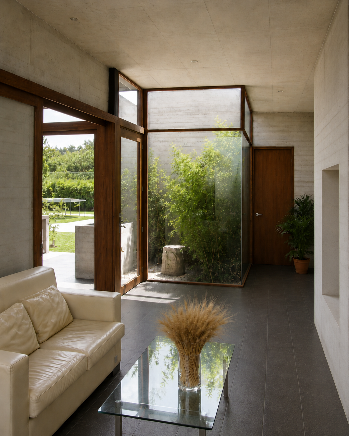 Casa Pillagua, sala de estar con vista hacia el jardín. Diseñado por Endara Arquitectos.