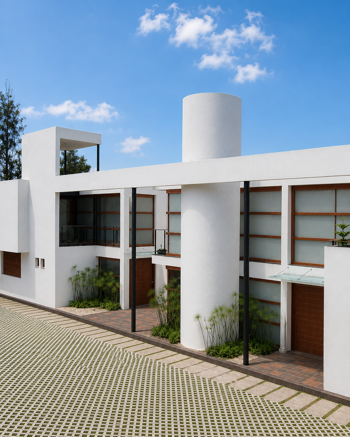 Residencia Nayón, fachada frontal casa moderna. Diseñado por Endara Arquitectos.