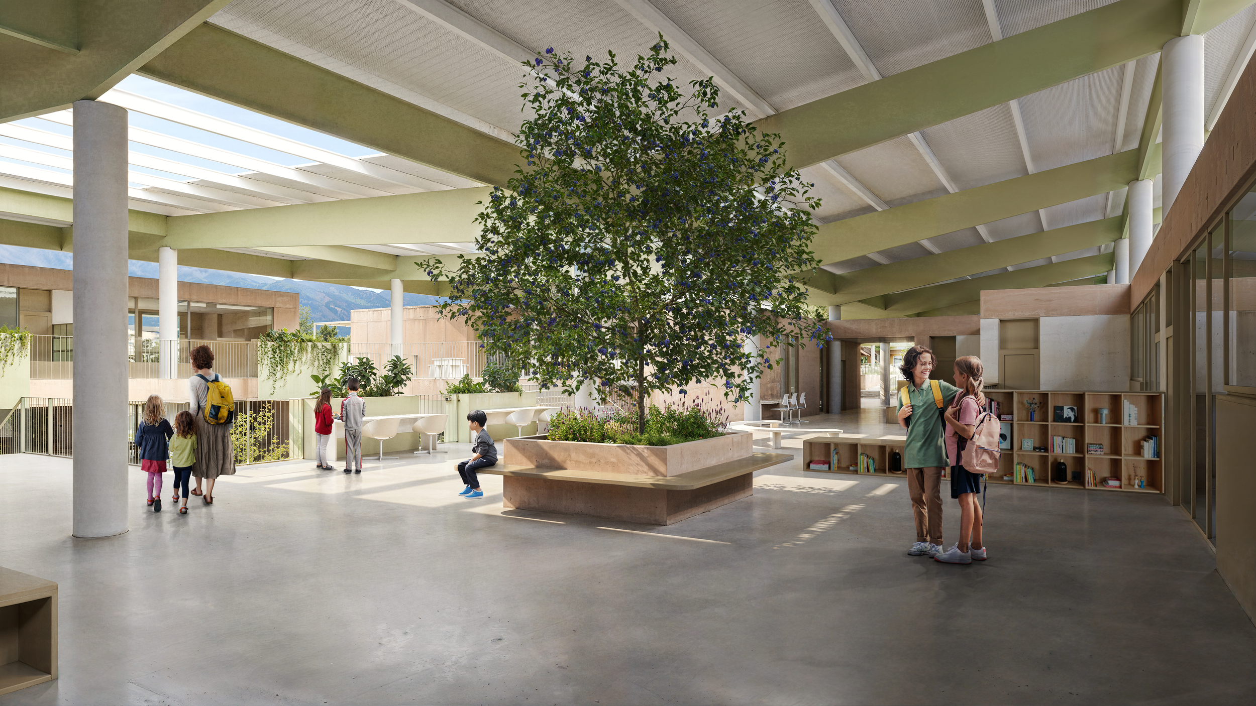 Vista del Learning commons de primaria,  del Nuevo Colegio Americano de Quito – Campus Puembo. Endara Arquitectos.
