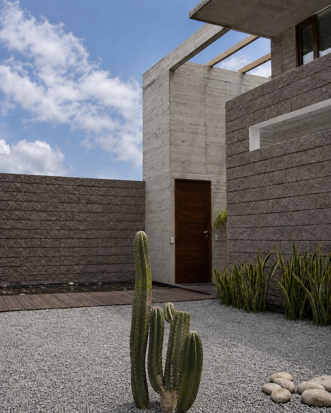 Casa Pillagua, jardín japones en la parte frontal de la casa. Diseñado por Endara Arquitectos.