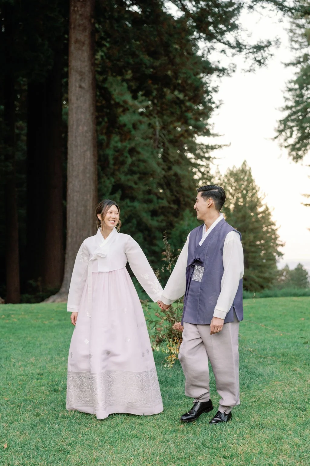 Wedding couple wearing traditional Korean attire at Mountain Terrace in Woodside