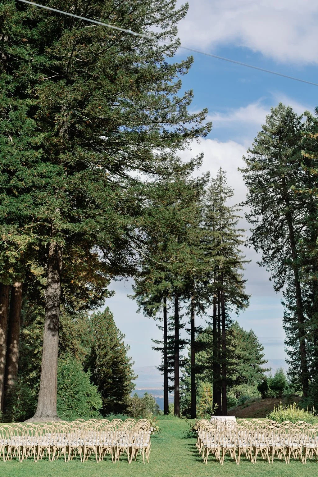 Outdoor forest ceremony setup at Mountain Terrace wedding venue in Woodside, California.