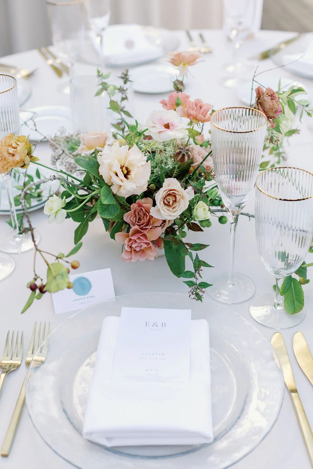 Romantic wedding reception table setting with florals at Mountain Terrace in Woodside