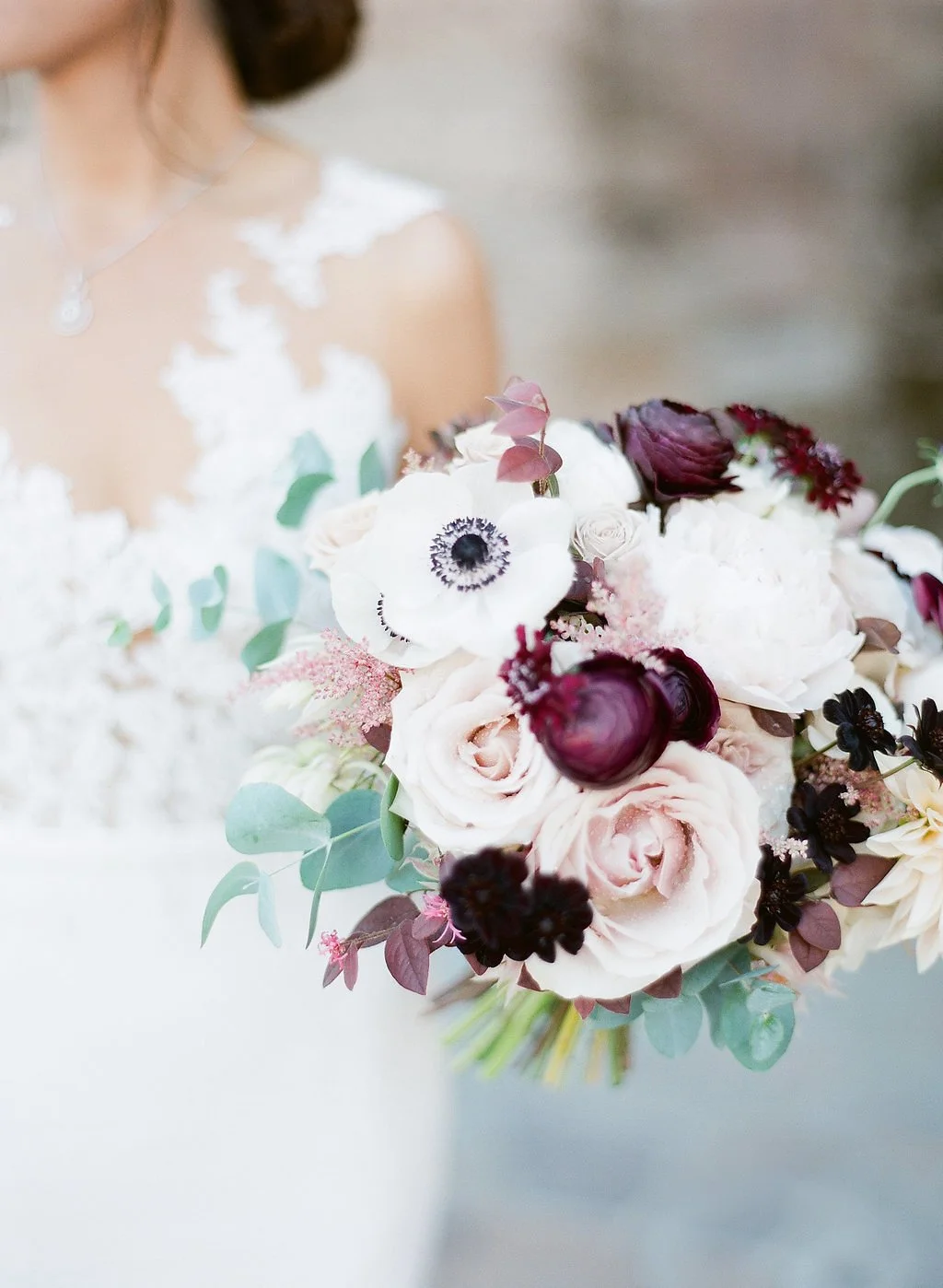 Soft, romantic bridal bouquet with blush and burgundy florals at a Mountain Winery wedding in Saratoga, California.