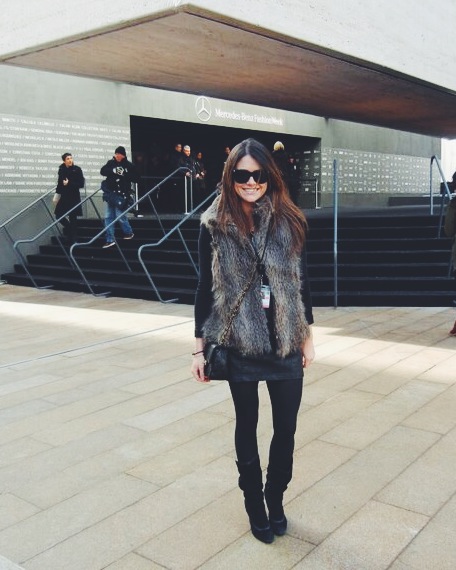 Outside Lincoln Center before attending a show.