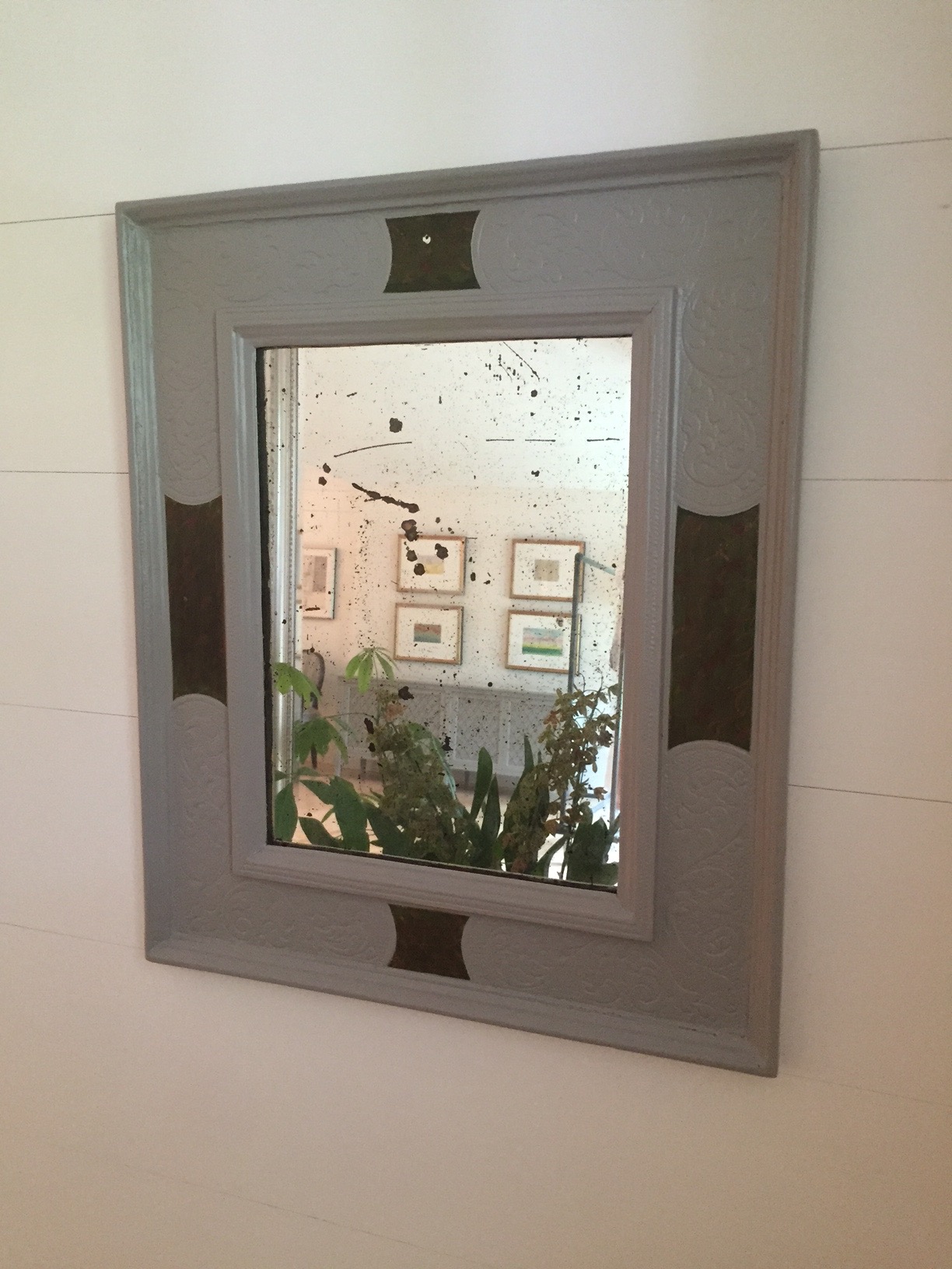 In the living room I also painted a small entry mirror Worsted, another beautiful grey in the rich, deep family of Farrow & Ball grey’s. It has less a steely industrial quality and seems perfect to give a smaller piece weight.