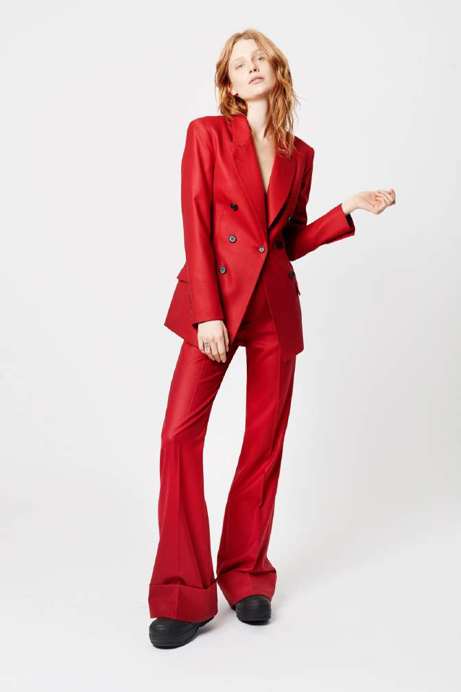 This look by SMYTHE will help you step out of your comfort zone with this neatly tailored red blazer. Available in August.