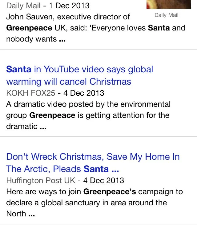 Google search 7th December 2013 #savesanta #greenpeace