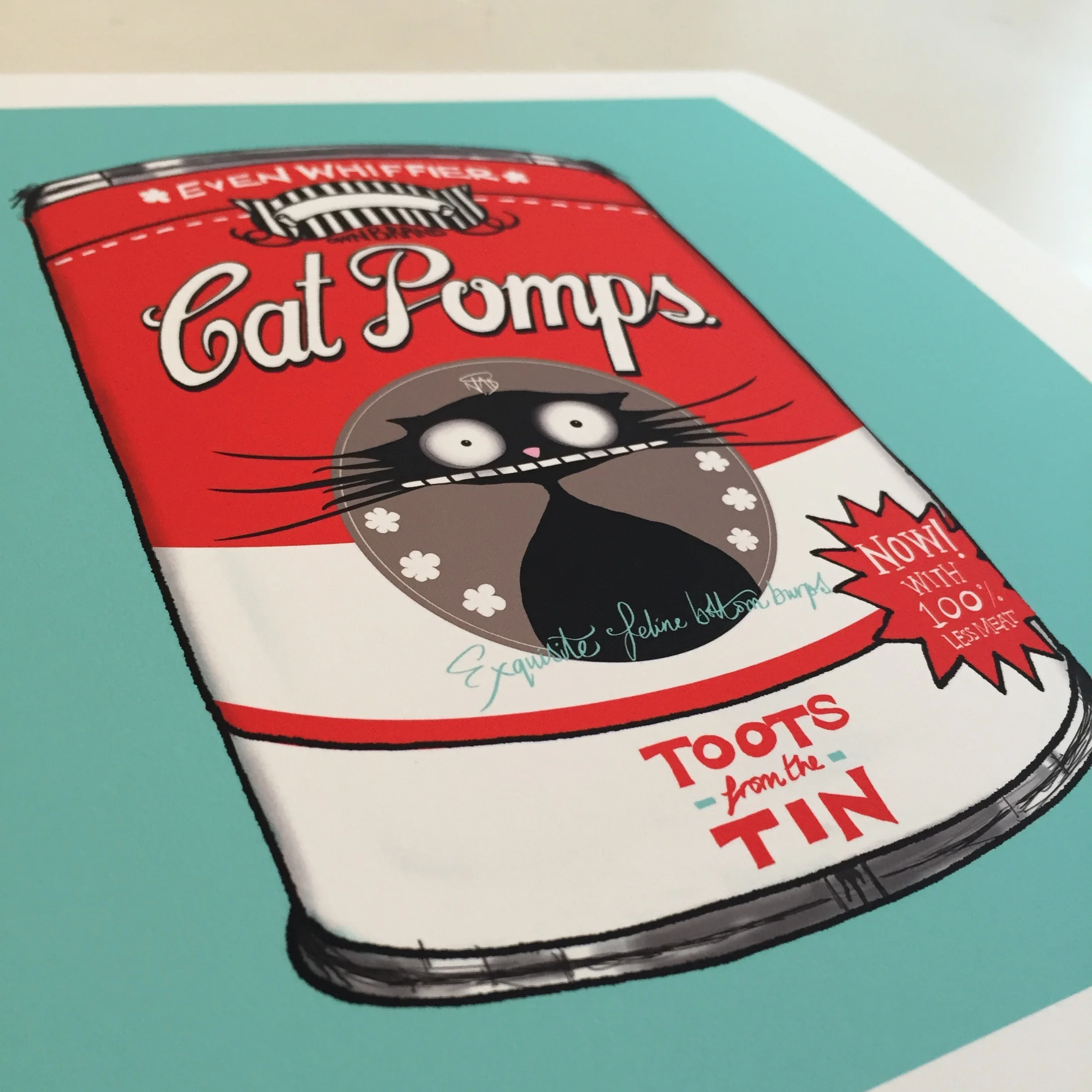 Original Cat Pomps- 6 | Red & Teal | Natalie Palmer Sutton Illustration Cat Don't Care 