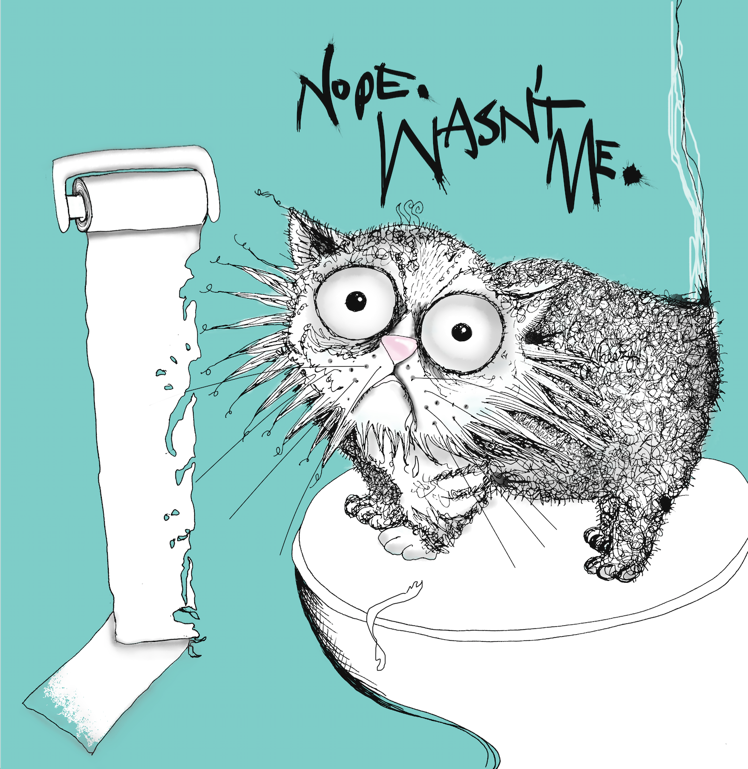 Loo-Roll Chomper -Cat with Toilet Roll - Natalie Palmer Sutton Illustration Cat Don't Care 2