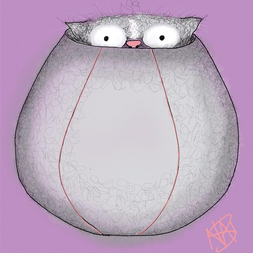 Cat Don't Care - Cat peeking out of a cat ball - Natalie Palmer Sutton Art | BOZO MEATBALL in a cat ball | Gifts for cat lovers | crazy cat ladies