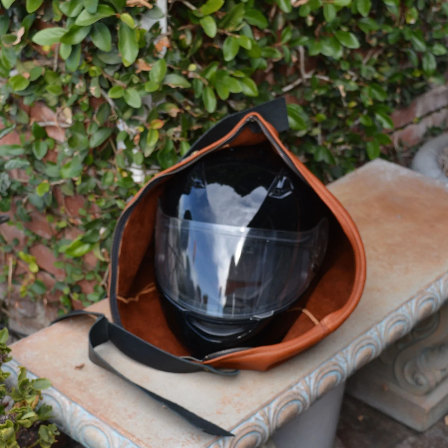 custom motorcycle helmet bags Rust Bison Leather Motorcycle Helmet Bag with Adjustable Toggle Strap —  jackie robbins leather + jewelry