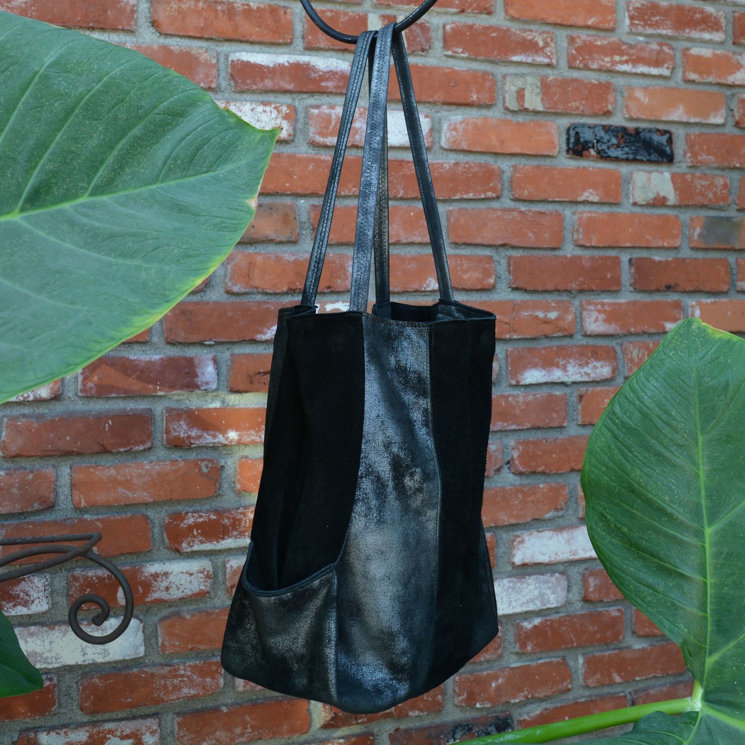 Black Suede Leather Tote Bag