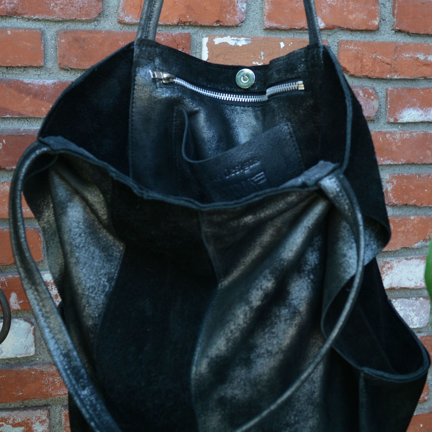 Black Silver Heavy Metal Leather & Suede Tote Bag — jackie robbins leather  + jewelry