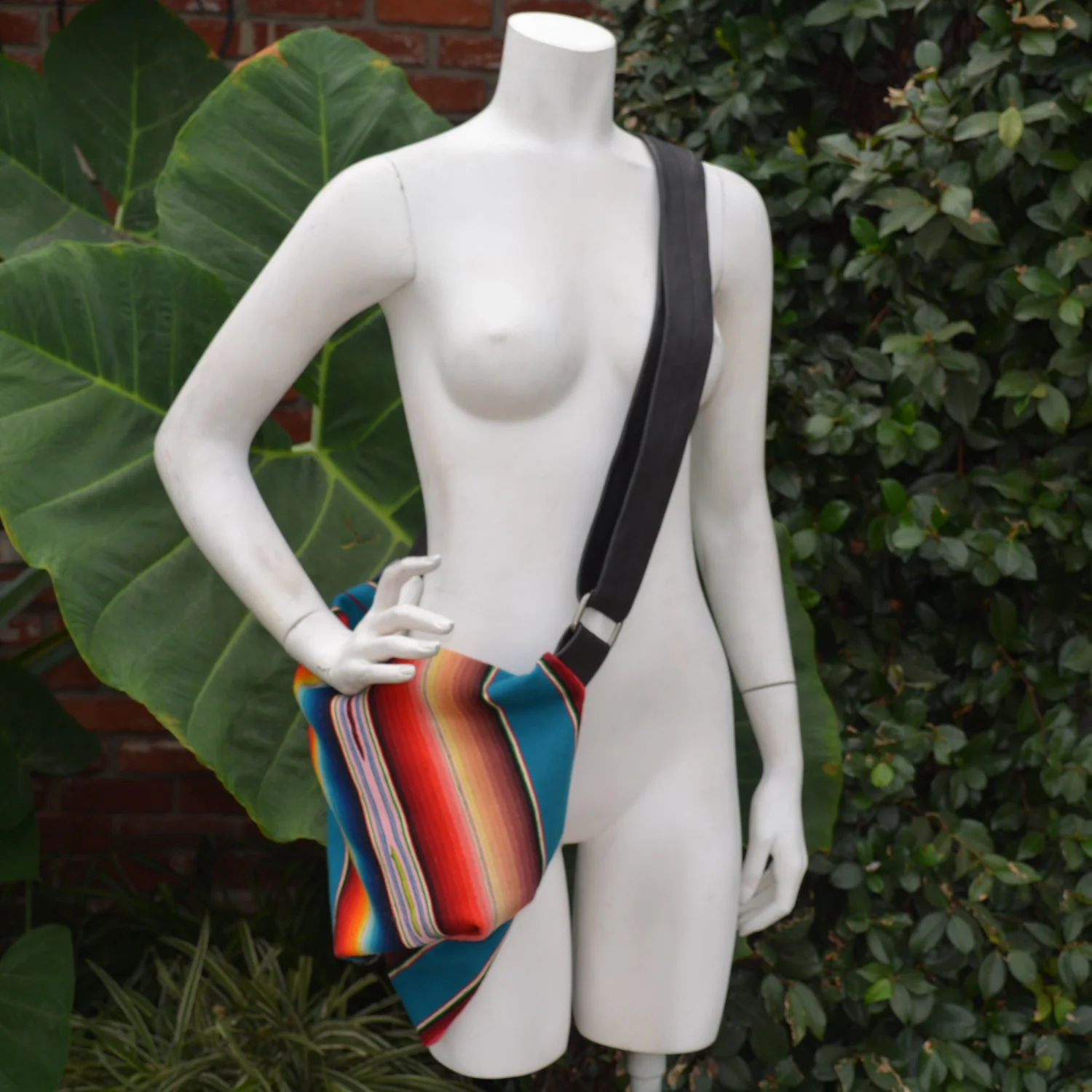 Vintage Mexican Serape with Black Leather Fold Over Triangle  display picture 1