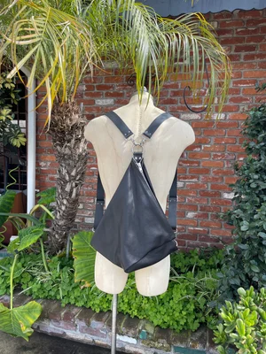 Black Cowhide Leather Convertible Fold Over Triangle Sling
