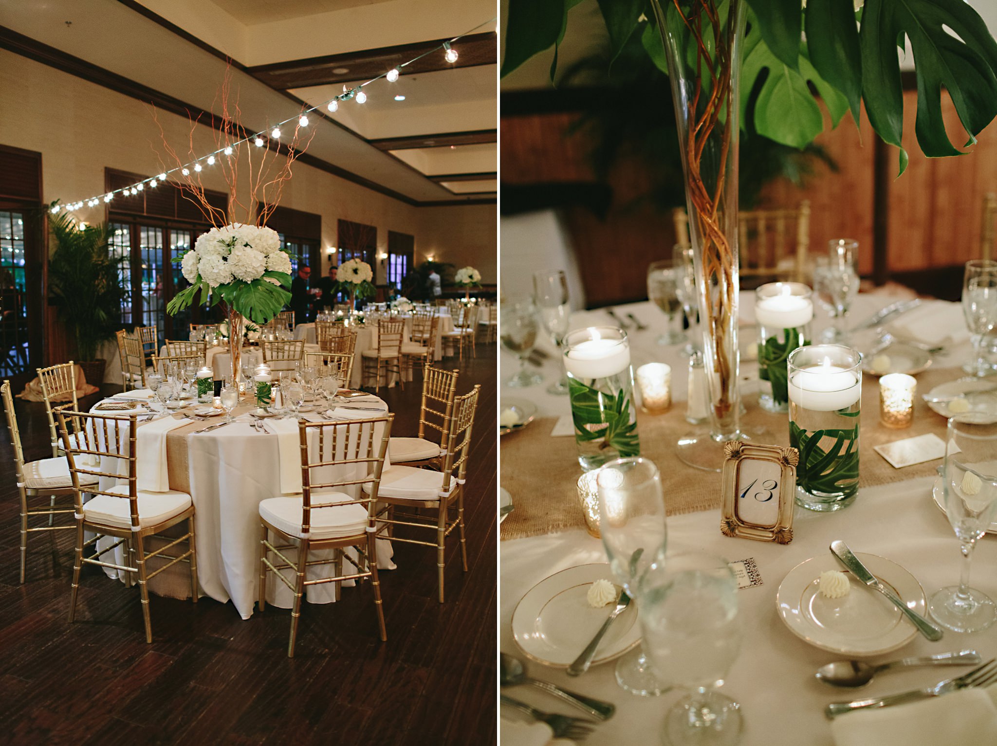 Wedding reception with tall vase hydrangeas and curly willow