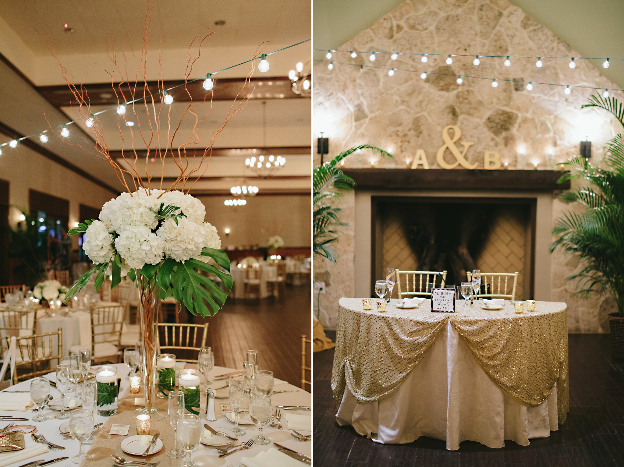 gold and white wedding reception with tall vase hydrangeas and curly willow and indoor market lights