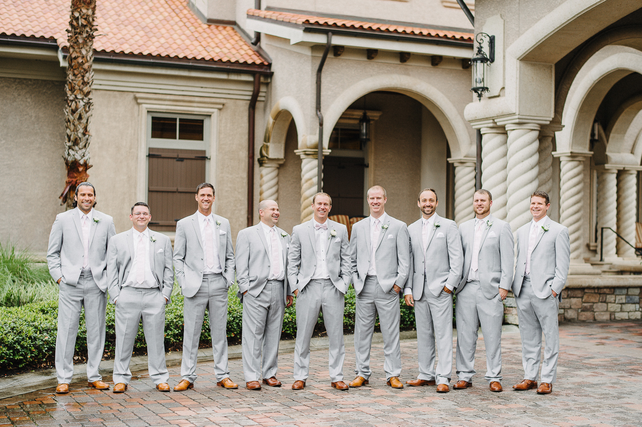 Groomsmen Light Grey Suit and Pink Tie