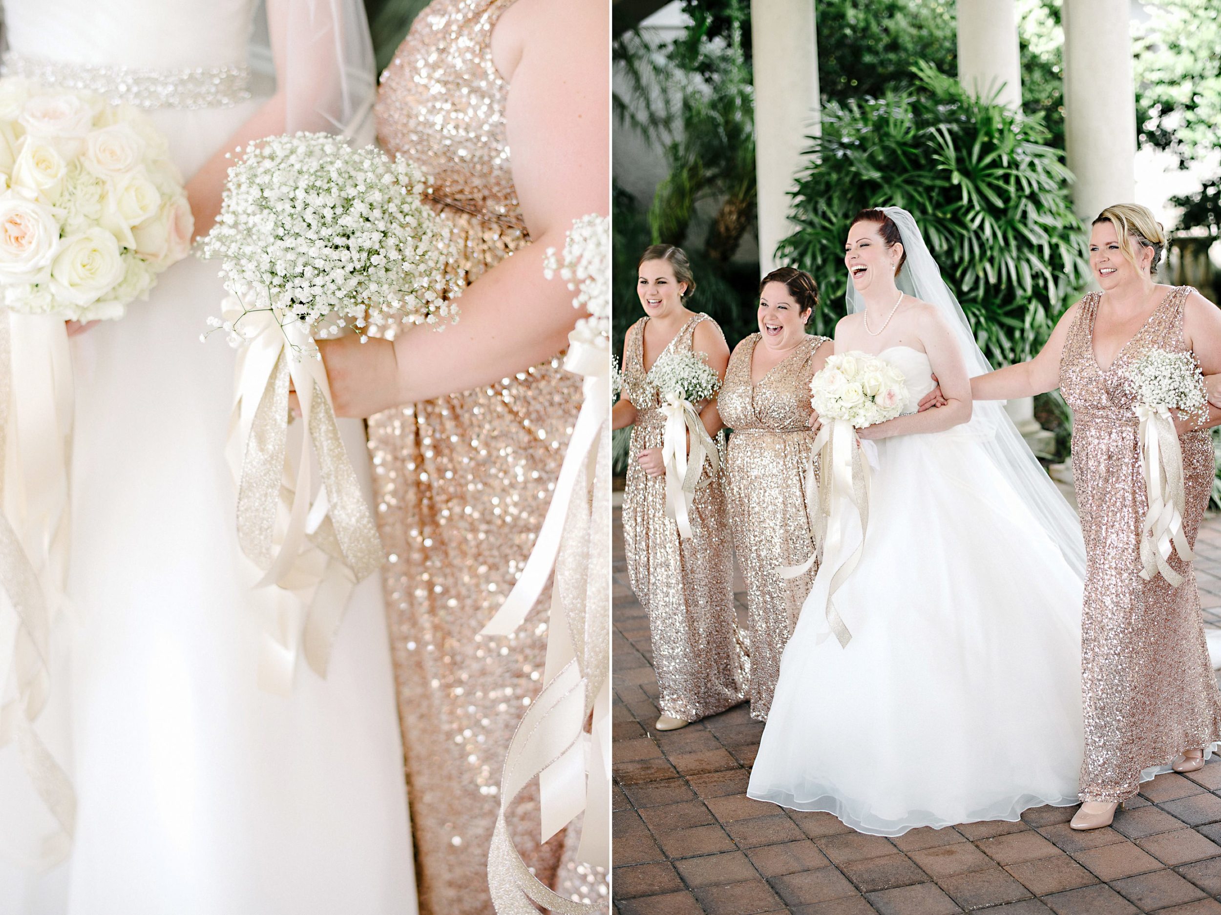 bridesmaidss in floor length rose gold sequin dresses